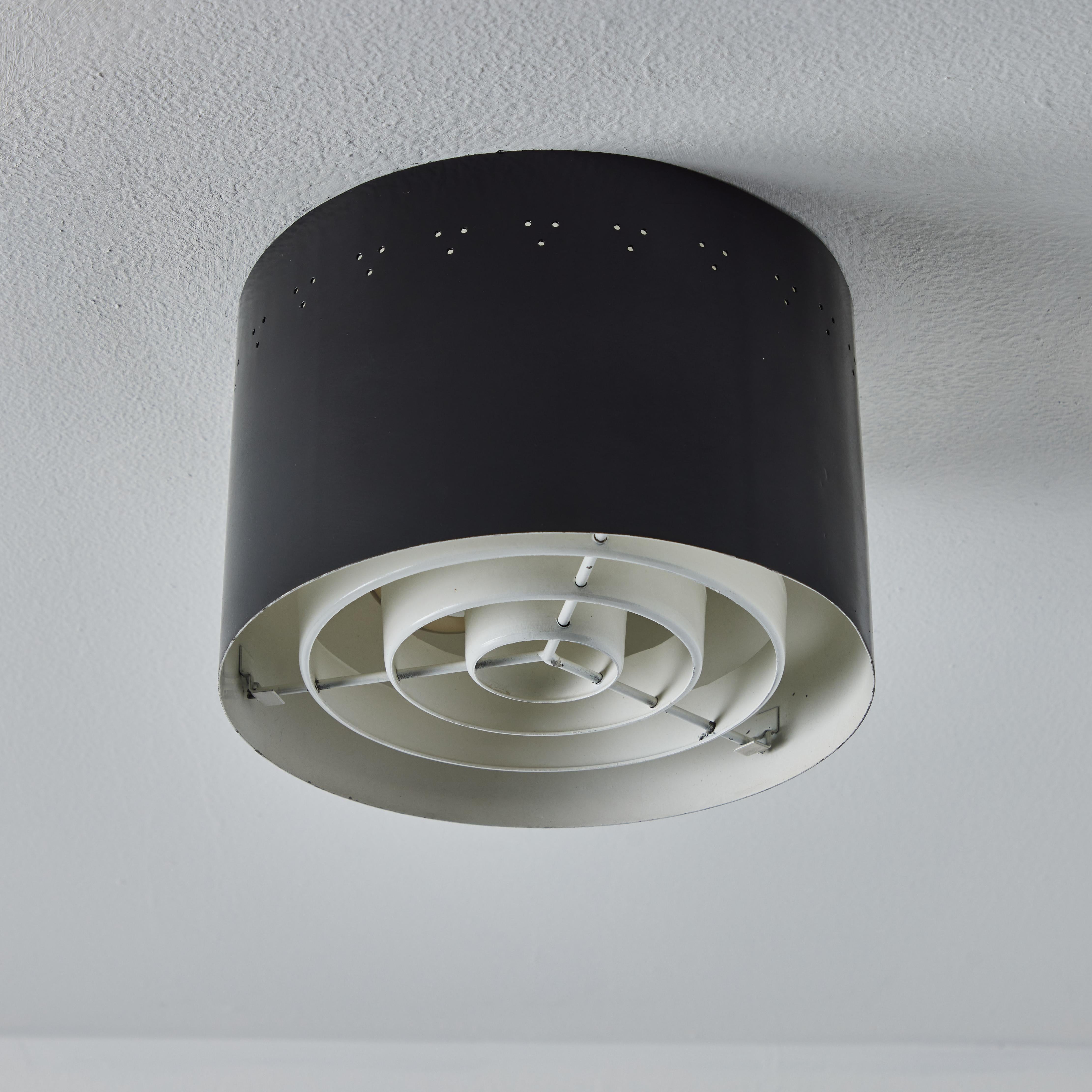 Painted 1950s Perforated Black Metal Flush Mount Attributed to Jacques Biny