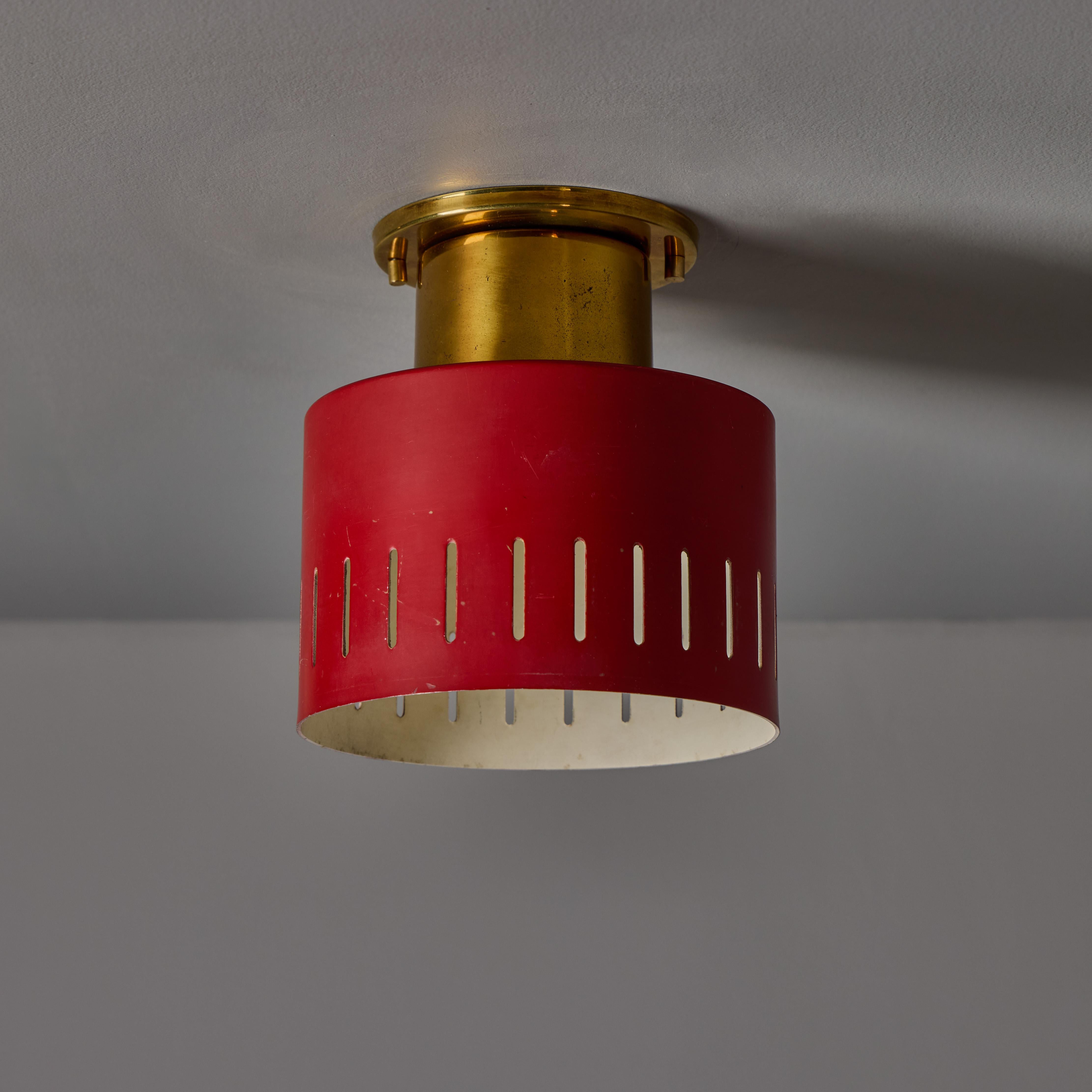 Painted 1950s Perforated Red and Brass Ceiling Lamp for Stilnovo