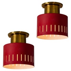 1950s Perforated Red and Brass Ceiling Lamp for Stilnovo