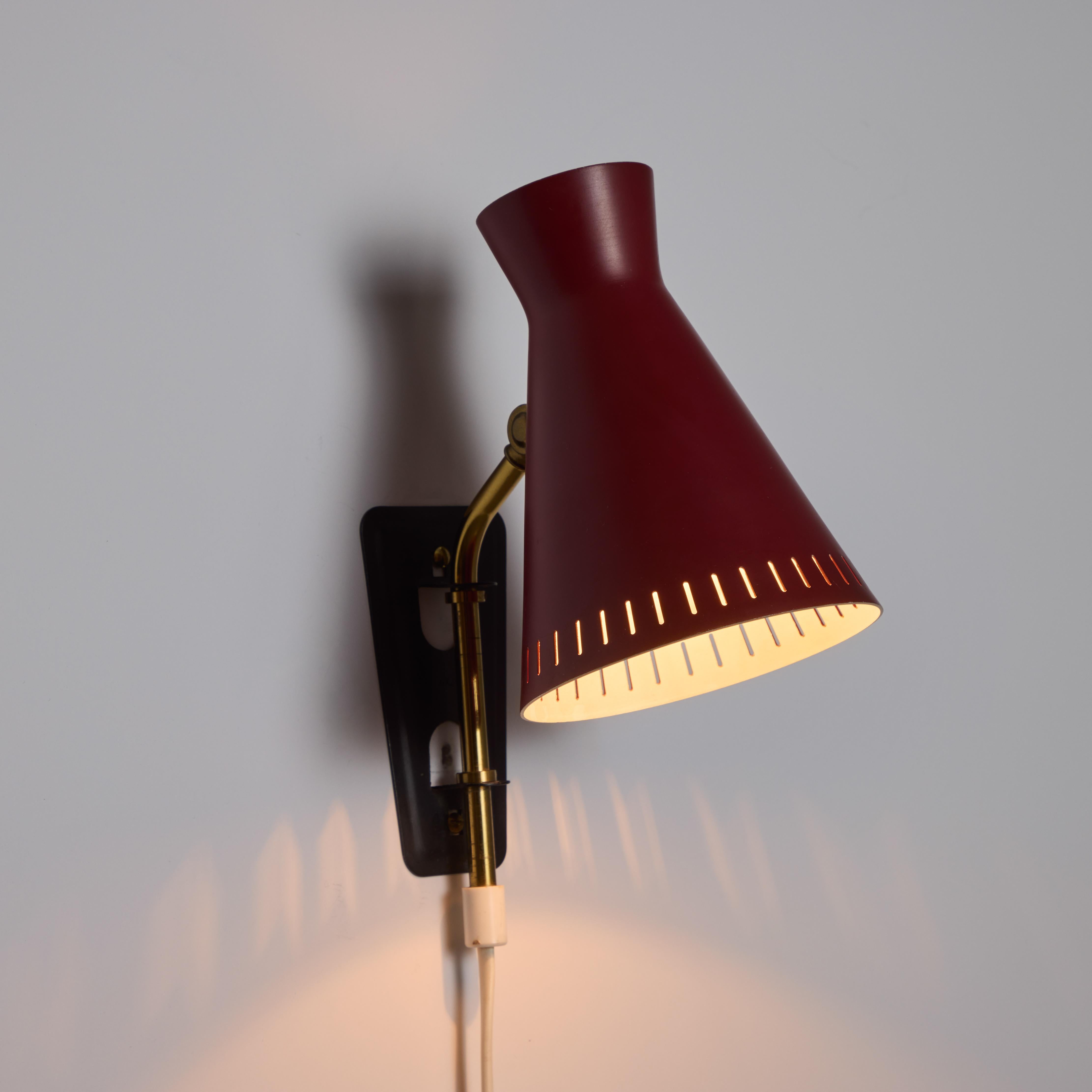 Metal 1950s Perforated Red Diabolo Plug-In Wall Lamp Attributed to Mauri Almari For Sale