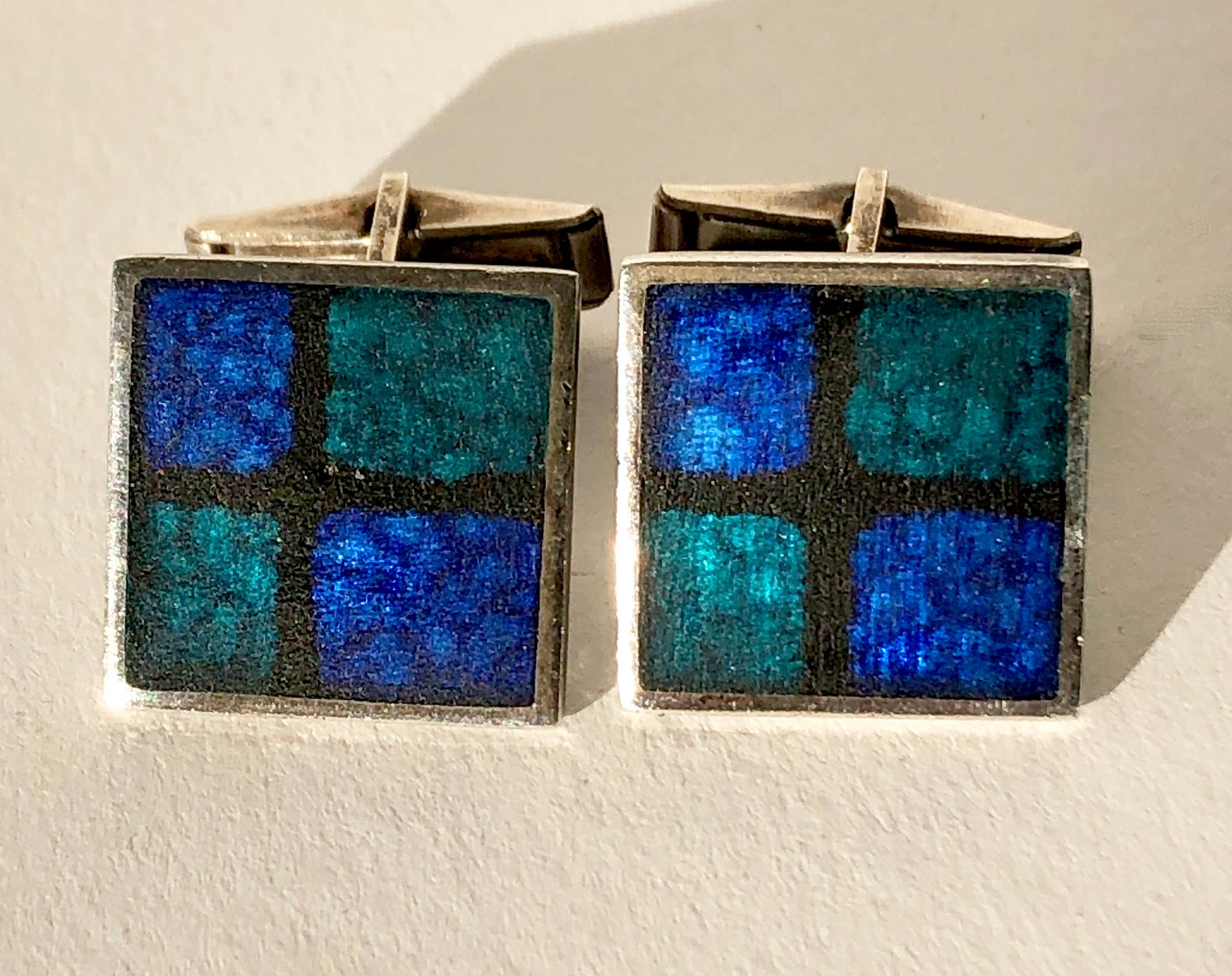 1950s Perli German Modernist Blue Grid Silver Enamel Cufflinks In Good Condition For Sale In Palm Springs, CA