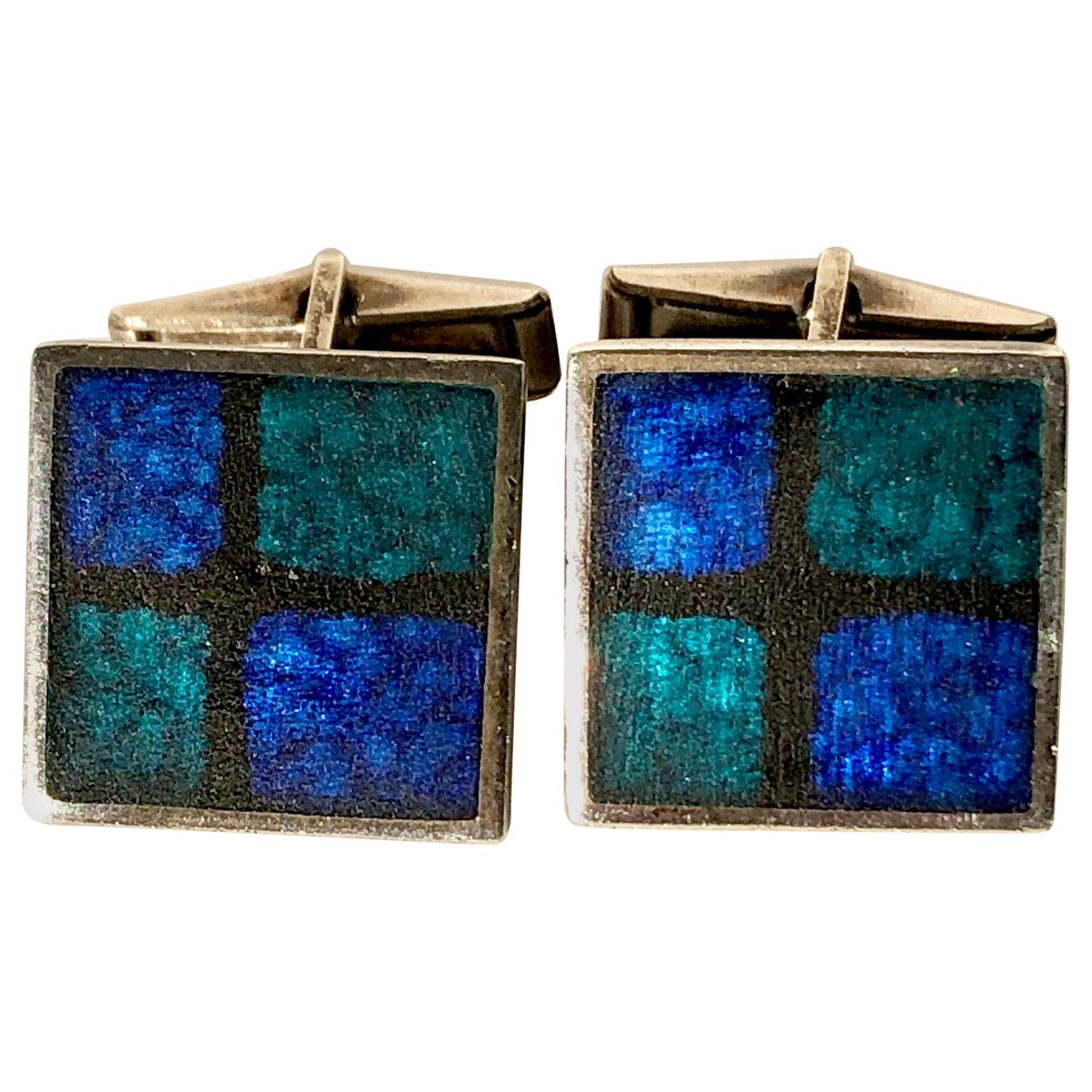 1950s Perli German Modernist Blue Grid Silver Enamel Cufflinks For Sale