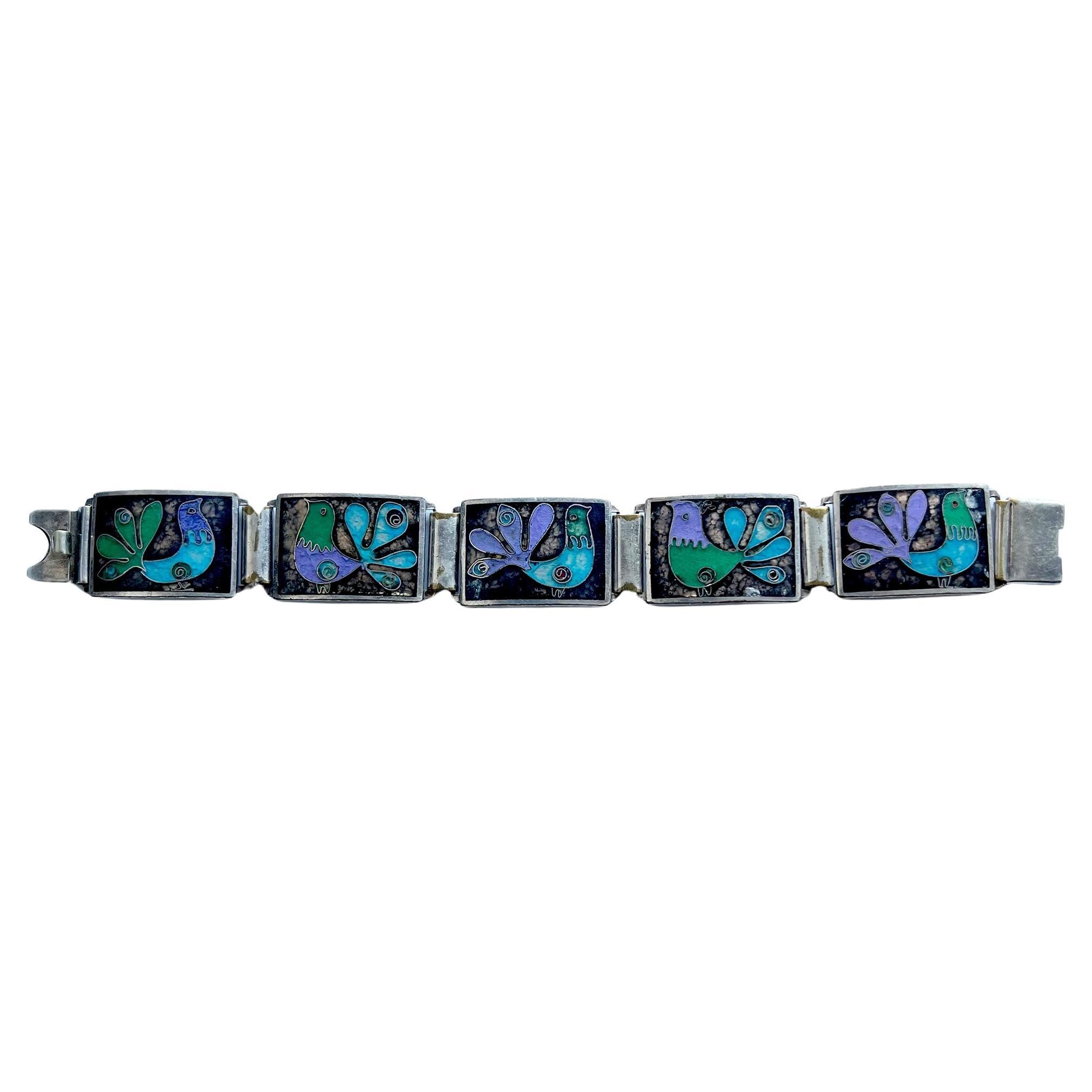 1950s Perli German Modernist Silver Enamel Cloisonne Blue Green Bird Bracelet For Sale