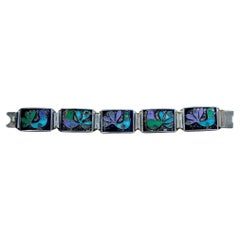Retro 1950s Perli German Modernist Silver Enamel Cloisonne Blue Green Bird Bracelet