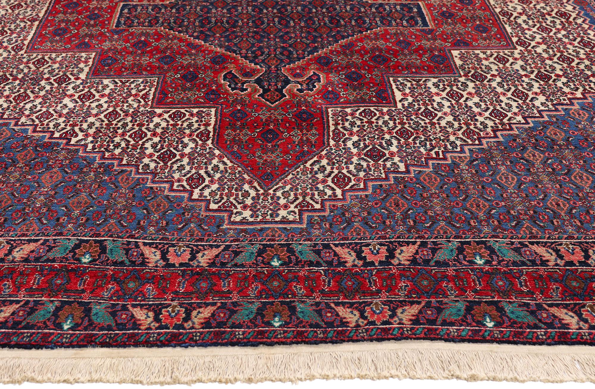 79272 Vintage Persian Bijar Rug, 06'09 x 10'04. Forged in the iron looms of Bijar—a town heralded as the “Iron Carpet of Persia”—this hand-knotted wool vintage Persian Bijar rug is an enduring testament to strength wrapped in splendor. Revered for