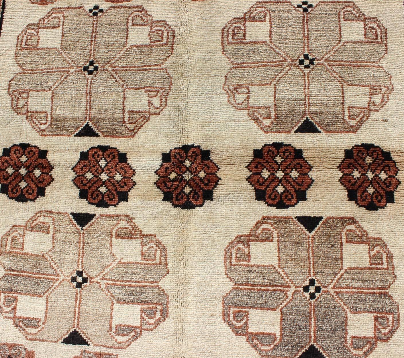 Tribal 1950s Persian Gabbeh Vintage Rug with Blossom Medallions in Brown, Ivory, Onyx For Sale