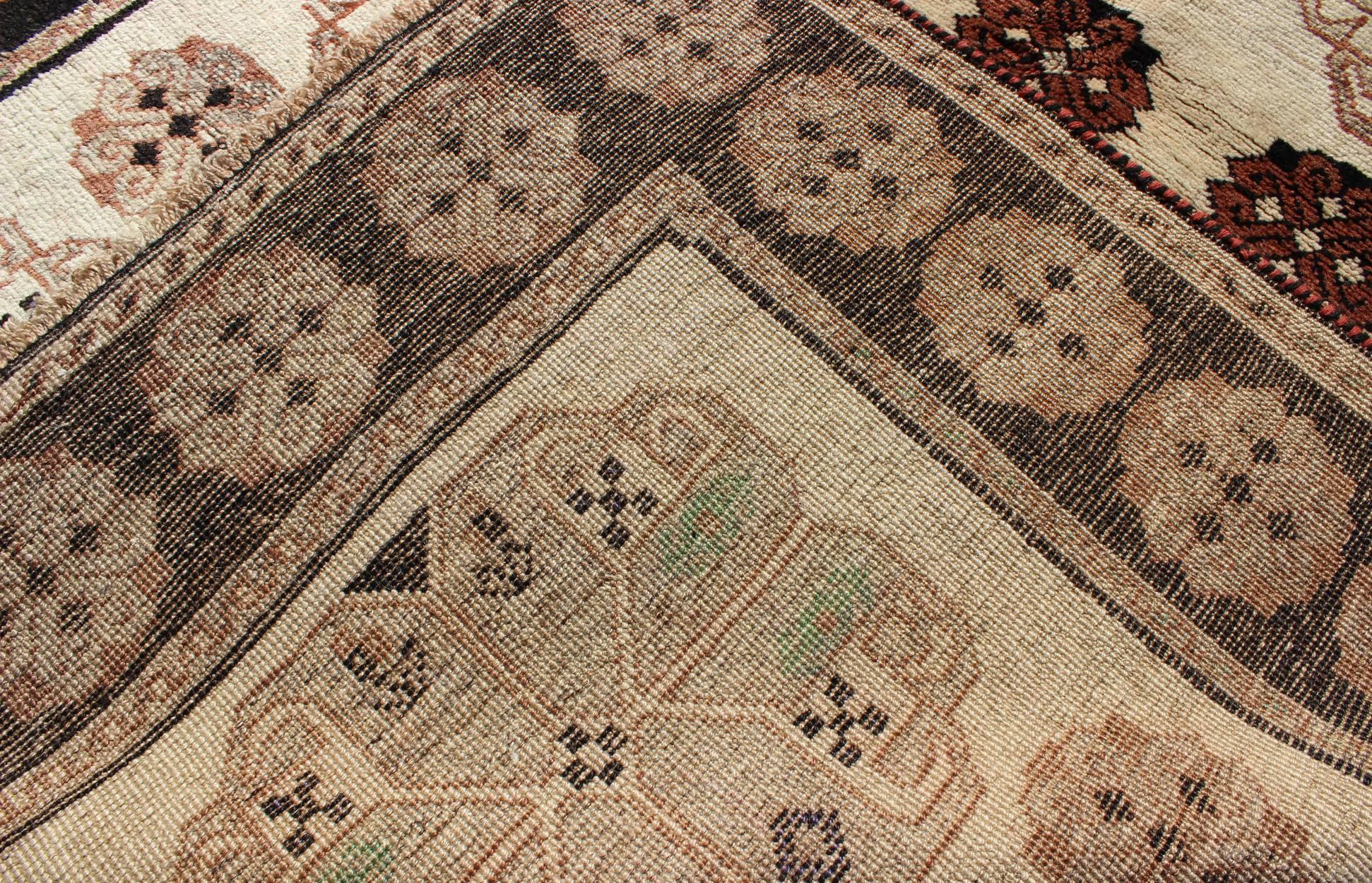 Hand-Knotted 1950s Persian Gabbeh Vintage Rug with Blossom Medallions in Brown, Ivory, Onyx For Sale