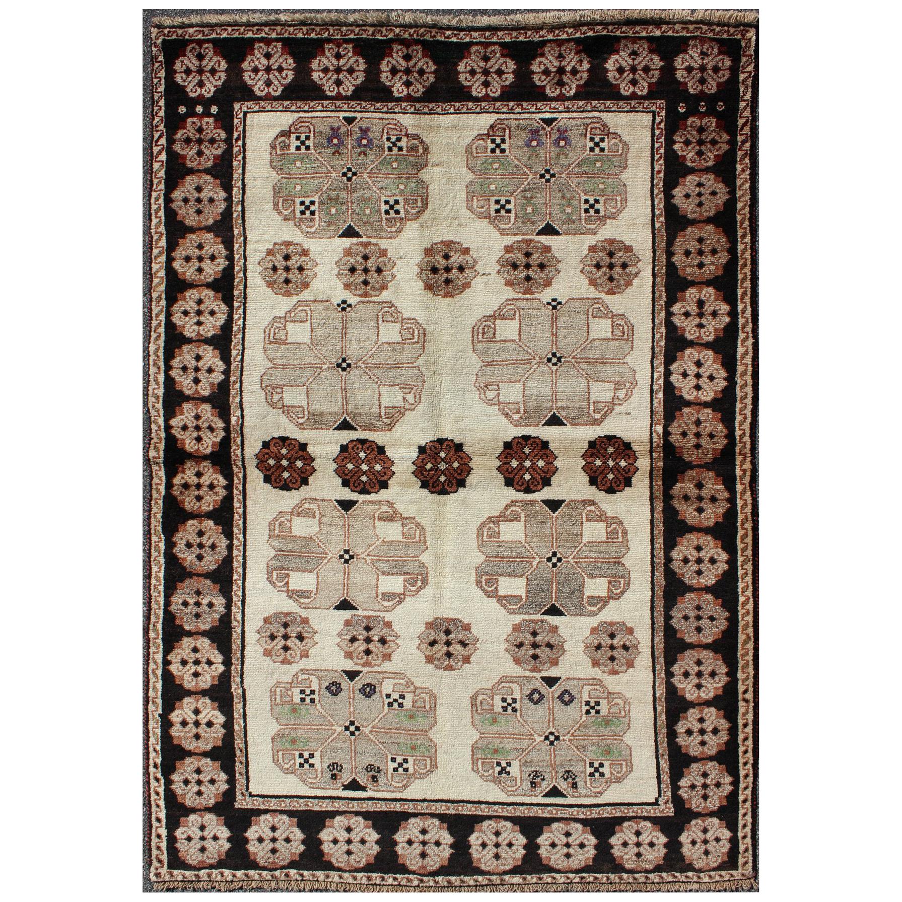 1950s Persian Gabbeh Vintage Rug with Blossom Medallions in Brown, Ivory, Onyx For Sale