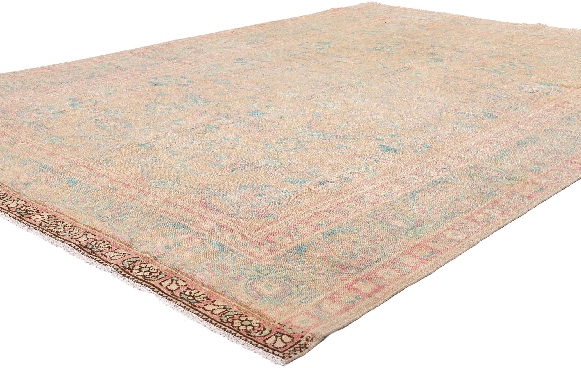 61344 Vintage Persian Malayer Rug, 07'02 x 09'11. This hand-knotted wool vintage Persian Malayer rug exudes a serene elegance, harmonizing a soft pastel palette with intricate craftsmanship. The neutral light brown field serves as a tranquil