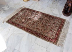 1950s Persian Silk Rug with Floral Motifs in Shades of Red and Ivory