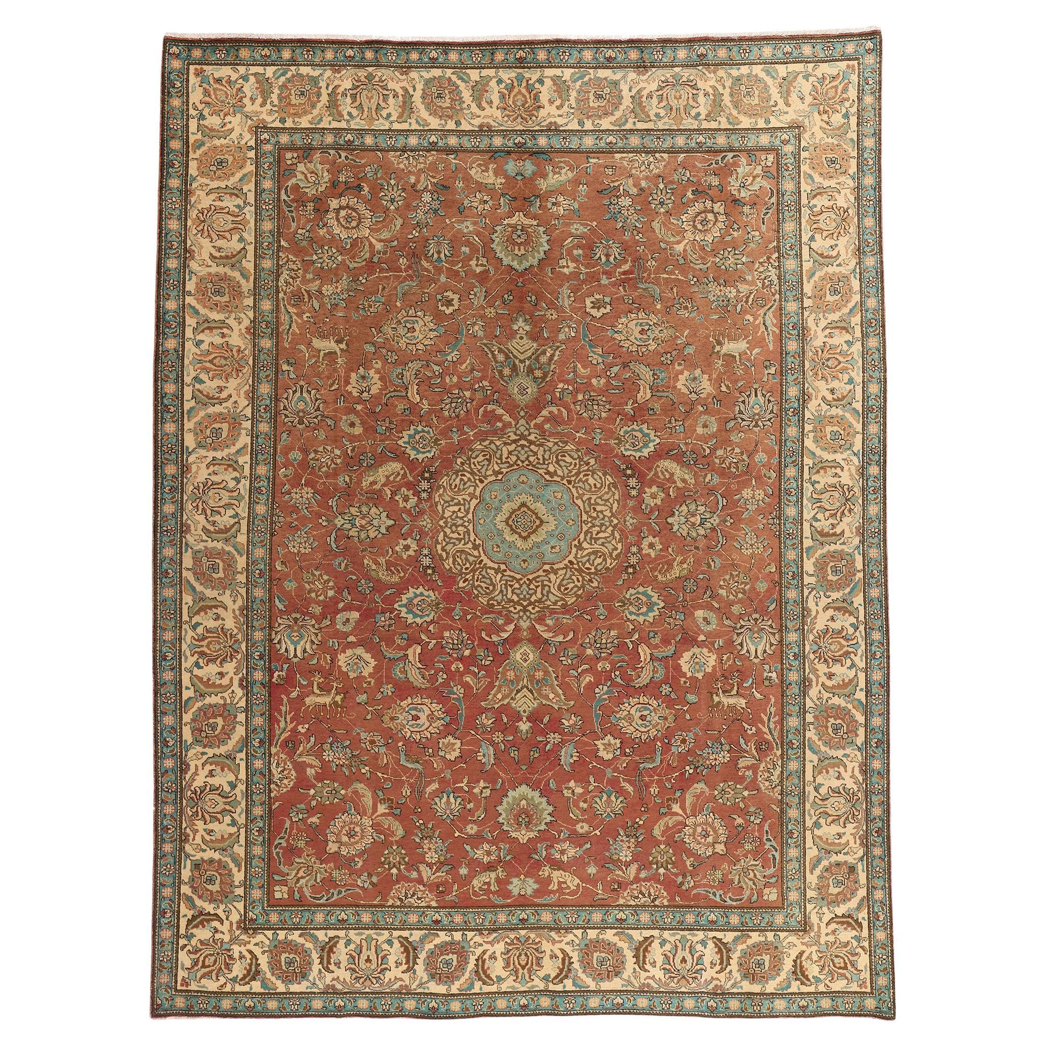 Tapis de galerie persan vintage de Tabriz avec scène de chasse et style médiéval