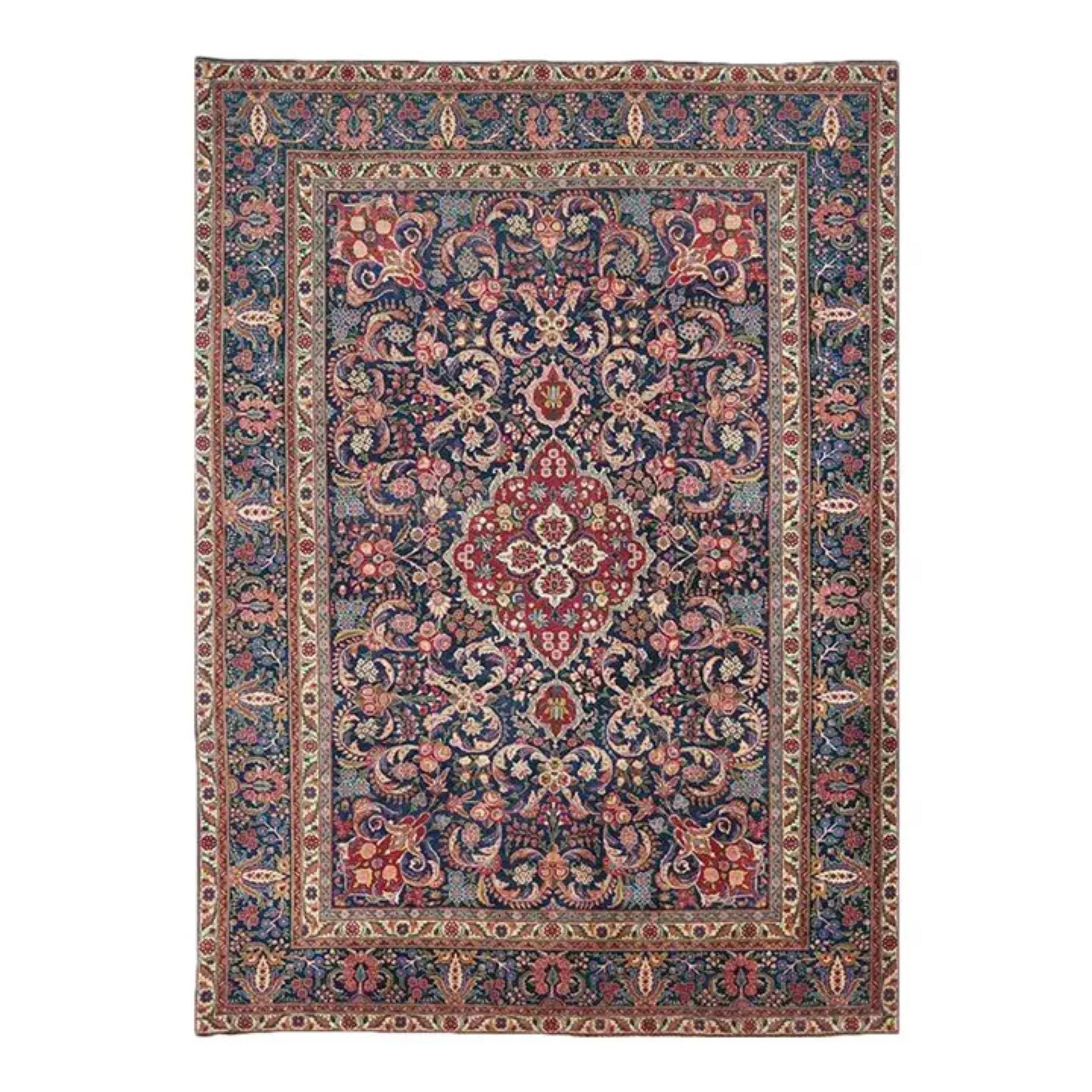 1950s Persian Tabriz Wool Area Rug, Hand-Knotted Floral Rug, 9′3″ × 12'11" For Sale