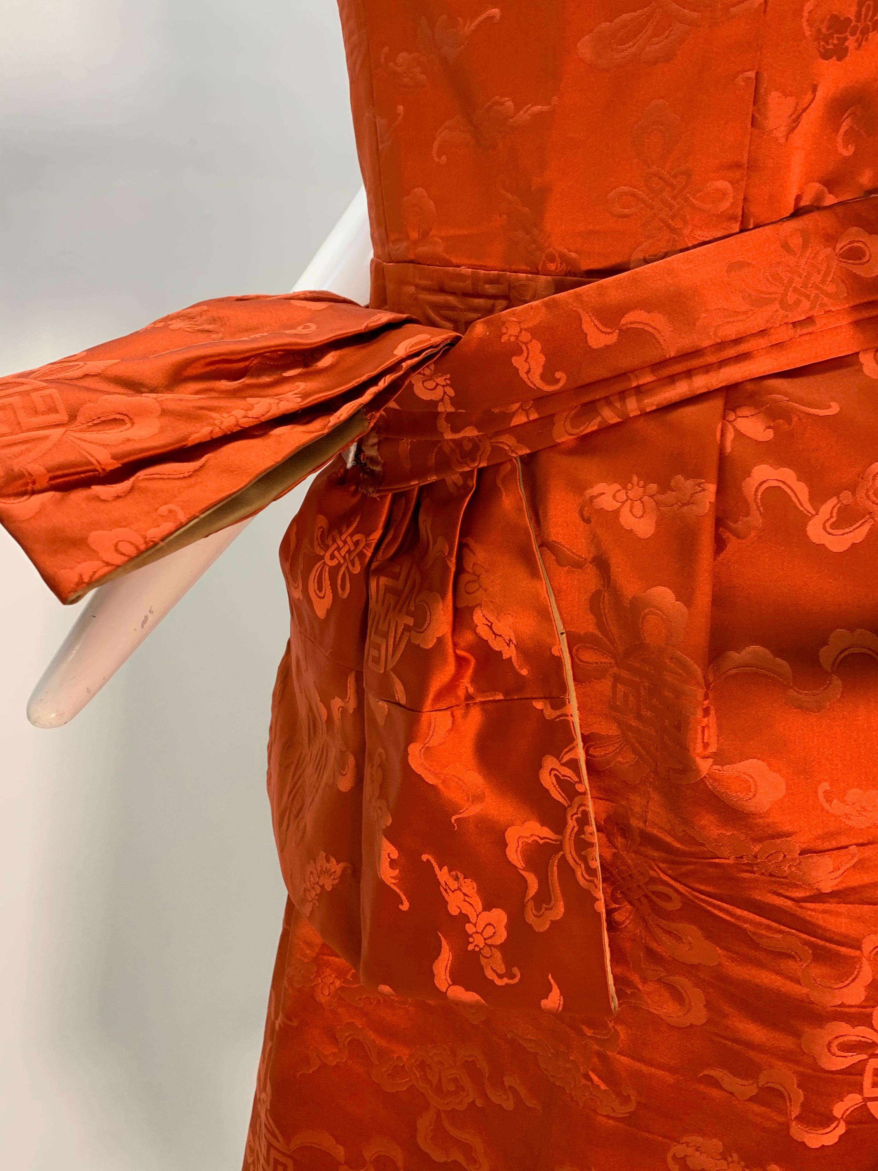 1950s Persimmon Hong Kong Silk Sleeveless Sheath Dress w/ Obi-Inspired Belt 2