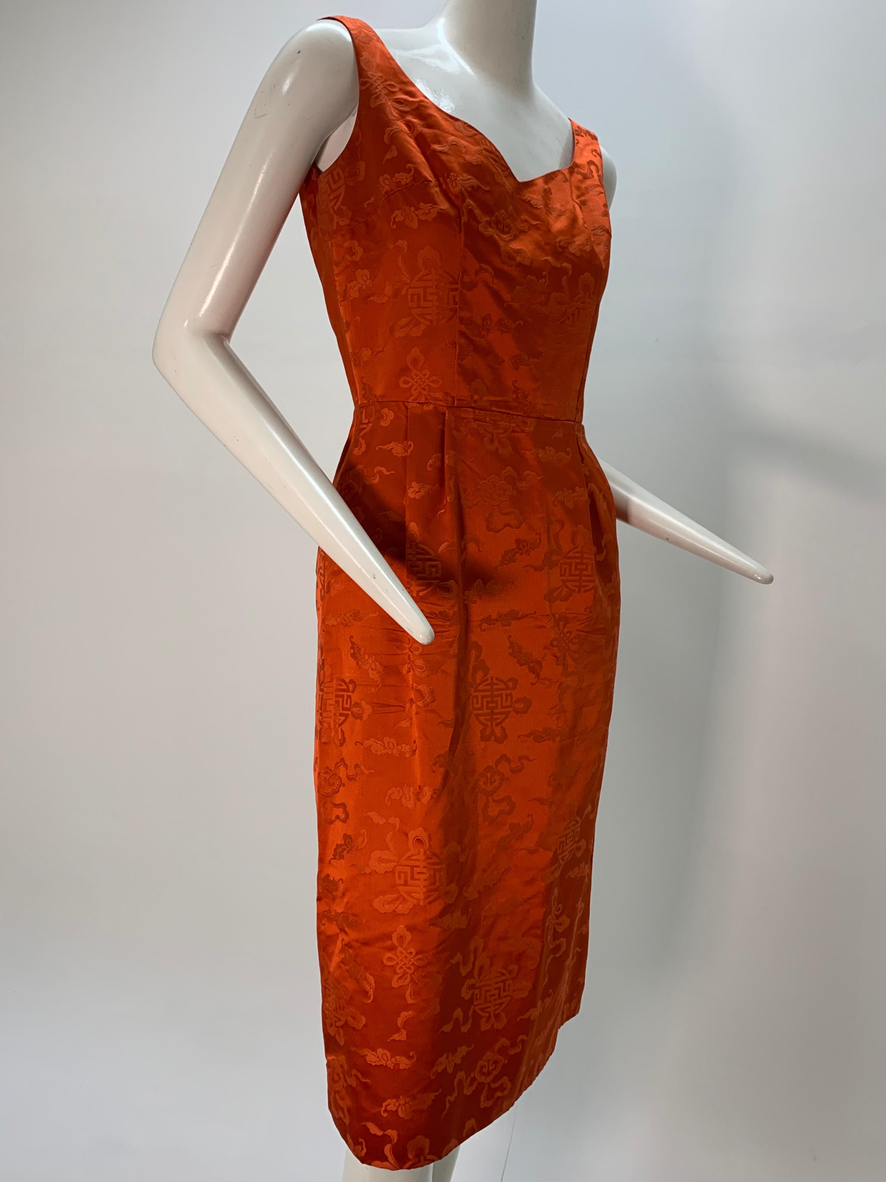1950s Persimmon Hong Kong Silk Sleeveless Sheath Dress w/ Obi-Inspired Belt 3