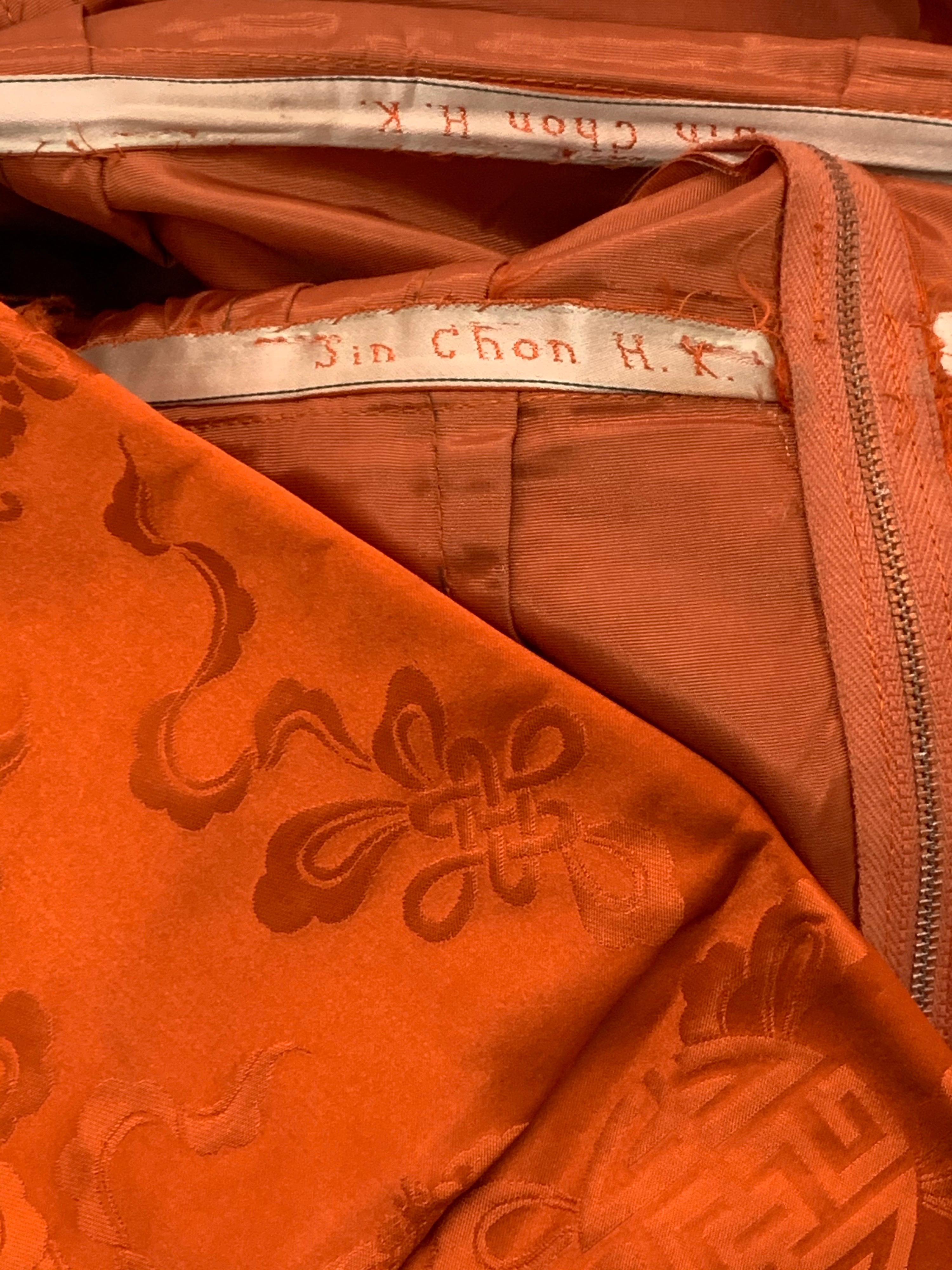 1950s Persimmon Hong Kong Silk Sleeveless Sheath Dress w/ Obi-Inspired Belt 5