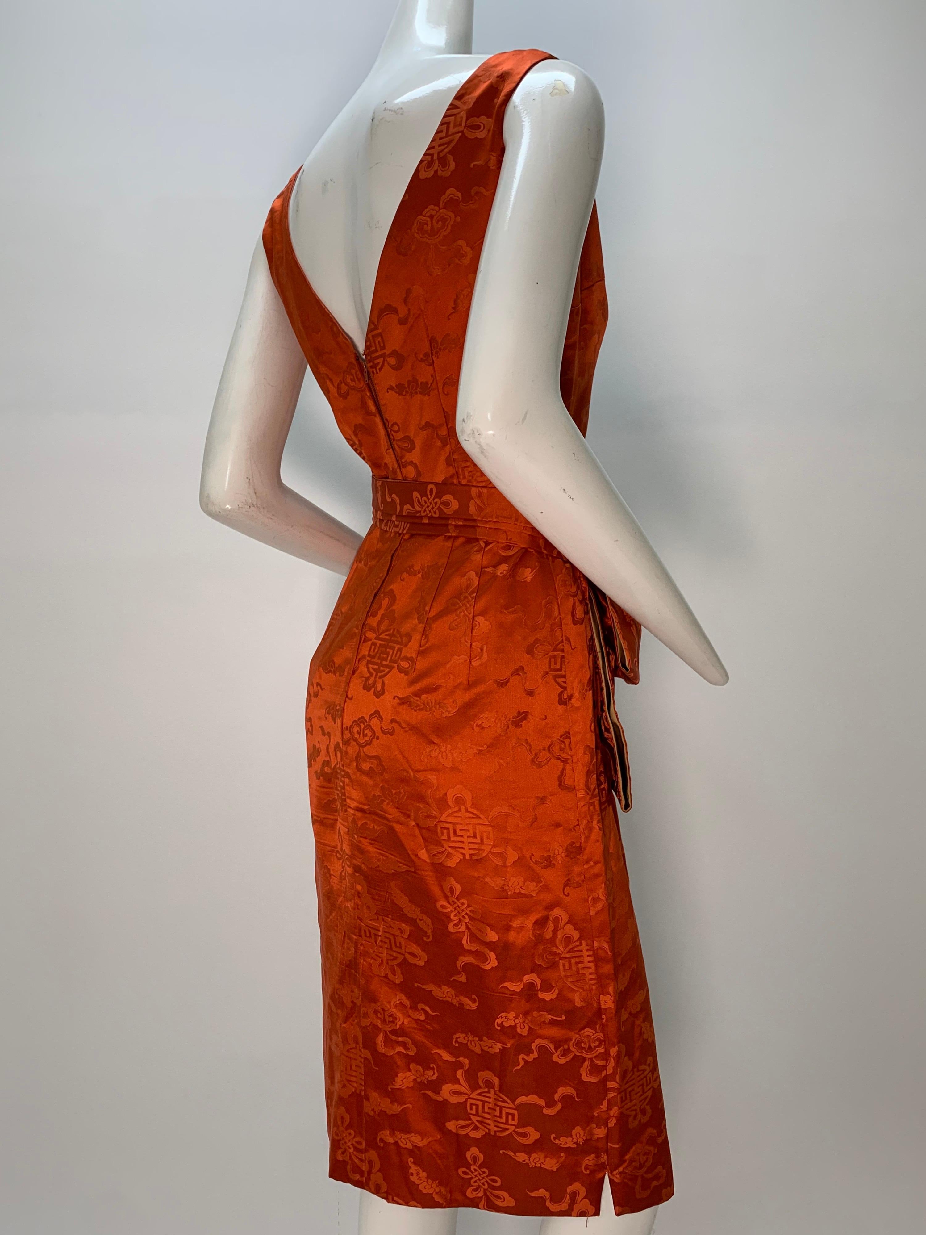 Red 1950s Persimmon Hong Kong Silk Sleeveless Sheath Dress w/ Obi-Inspired Belt
