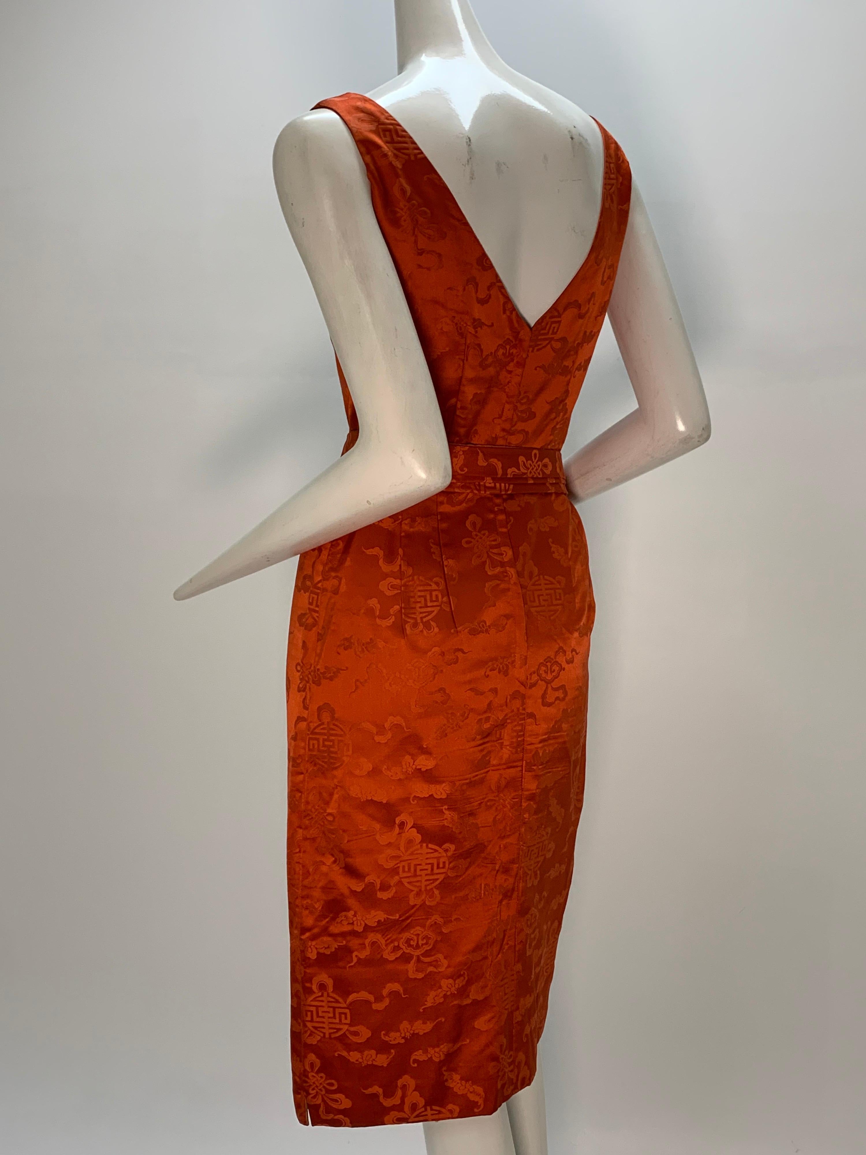 Women's 1950s Persimmon Hong Kong Silk Sleeveless Sheath Dress w/ Obi-Inspired Belt