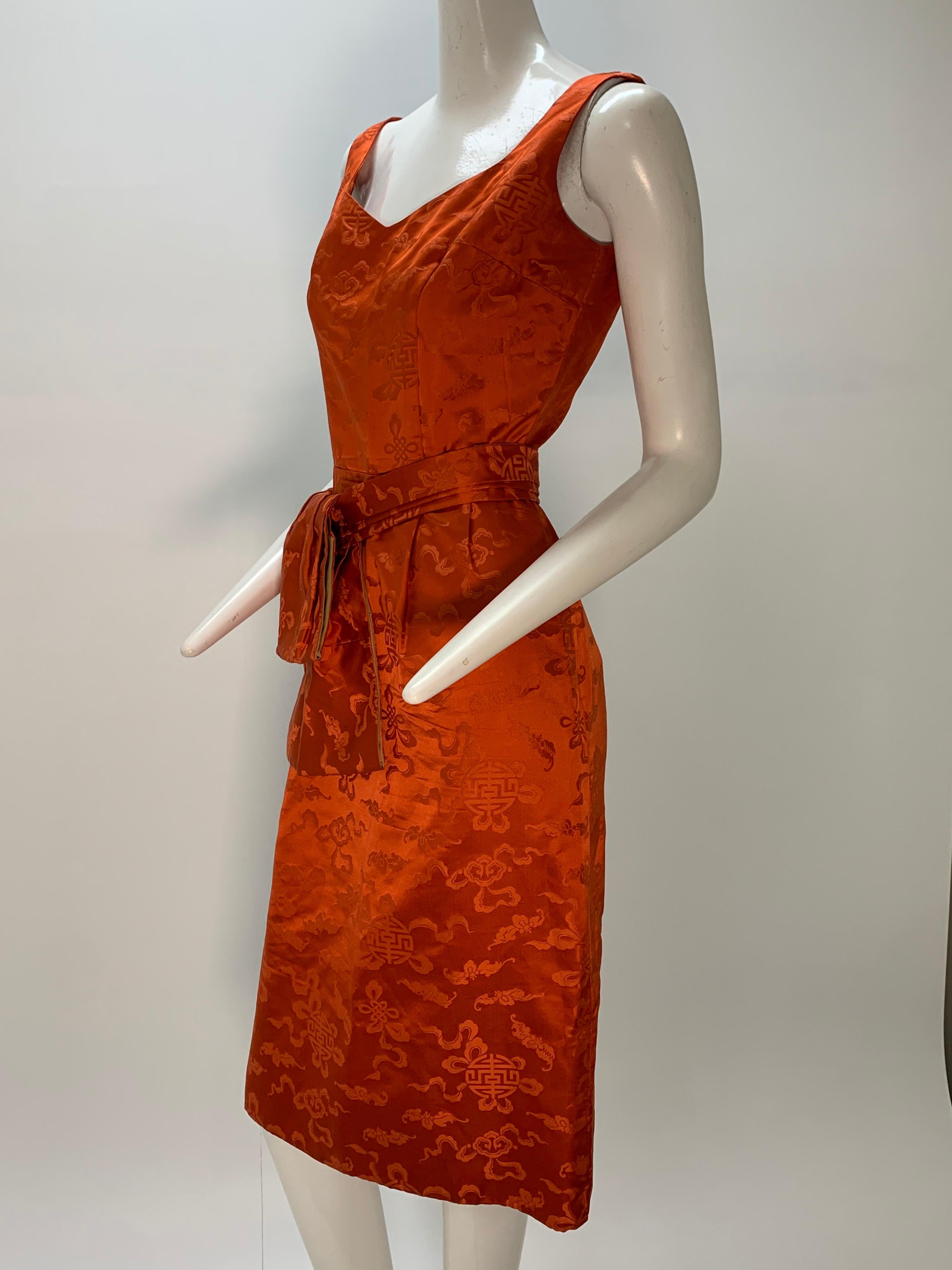 1950s Persimmon Hong Kong Silk Sleeveless Sheath Dress w/ Obi-Inspired Belt 1