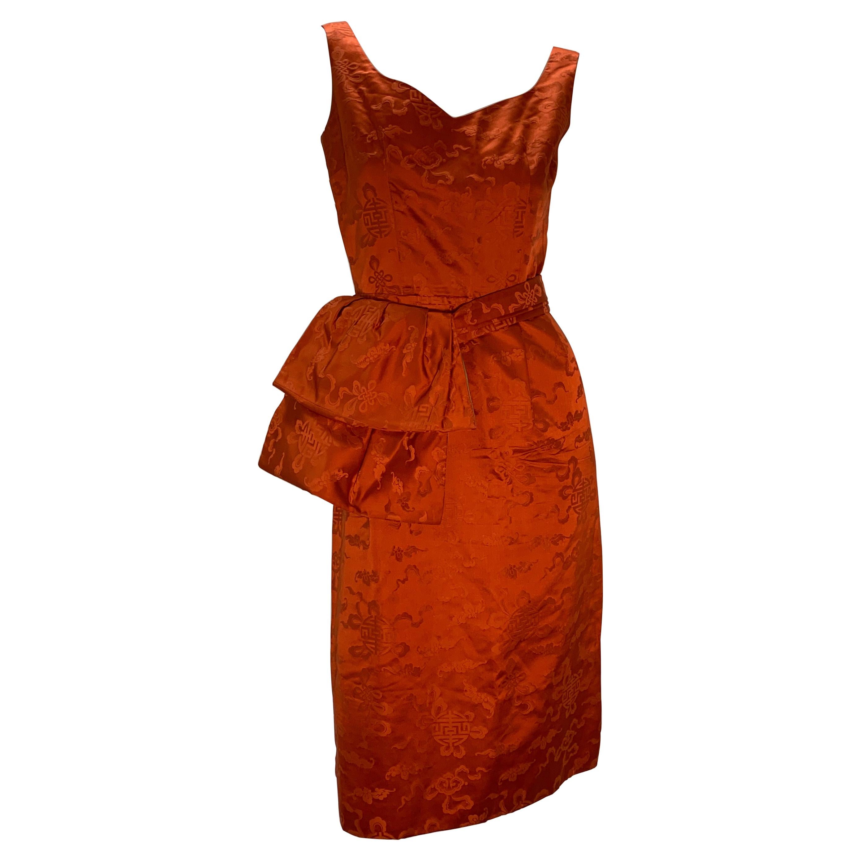1950s Persimmon Hong Kong Silk Sleeveless Sheath Dress w/ Obi-Inspired Belt