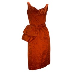 1950s Persimmon Hong Kong Silk Sleeveless Sheath Dress w/ Obi-Inspired Belt