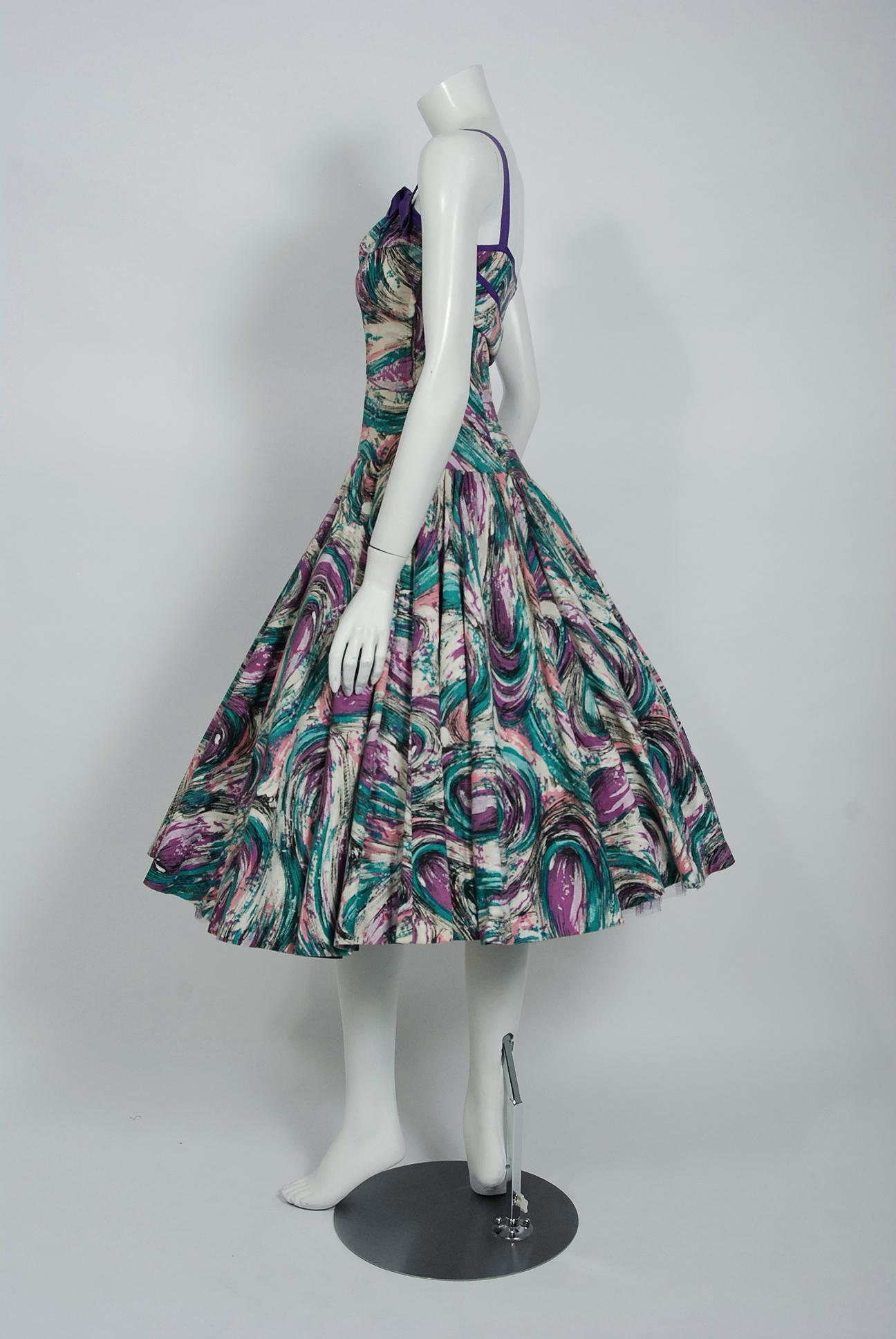 Vintage 1950's Perullo Abstract Atomic Purple Blue Cotton One-Shoulder Dress In Good Condition For Sale In Beverly Hills, CA