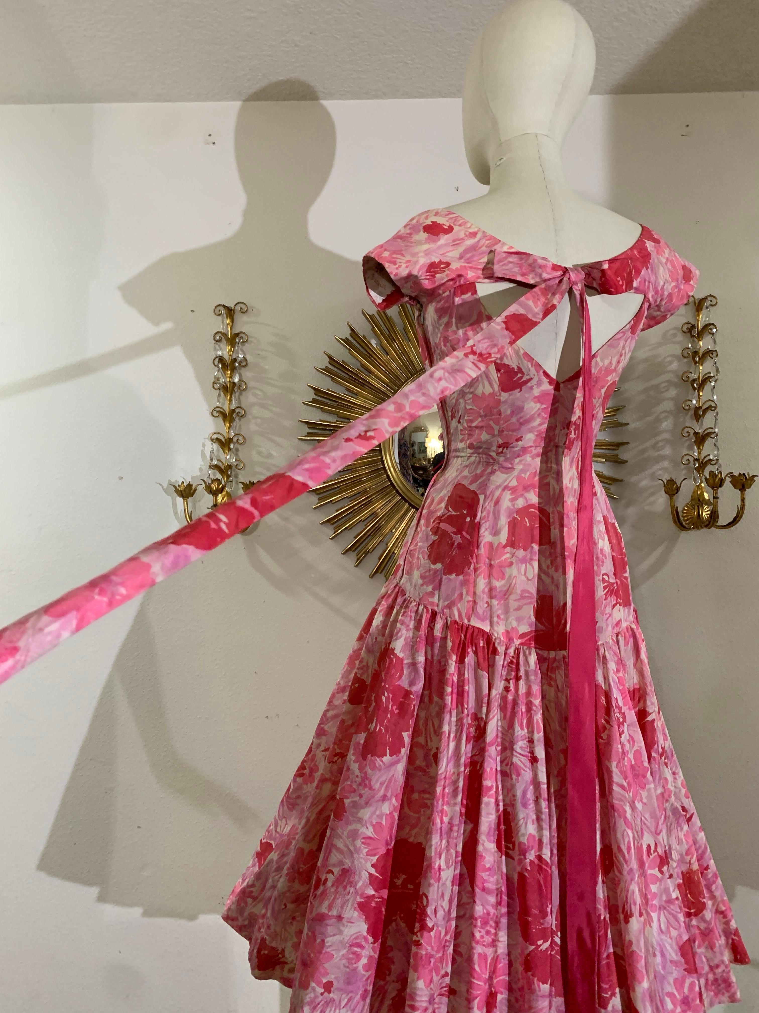 1950s Perullo Pink Silk Floral Party Dress w Fitted Hip and Flared Skirt 6