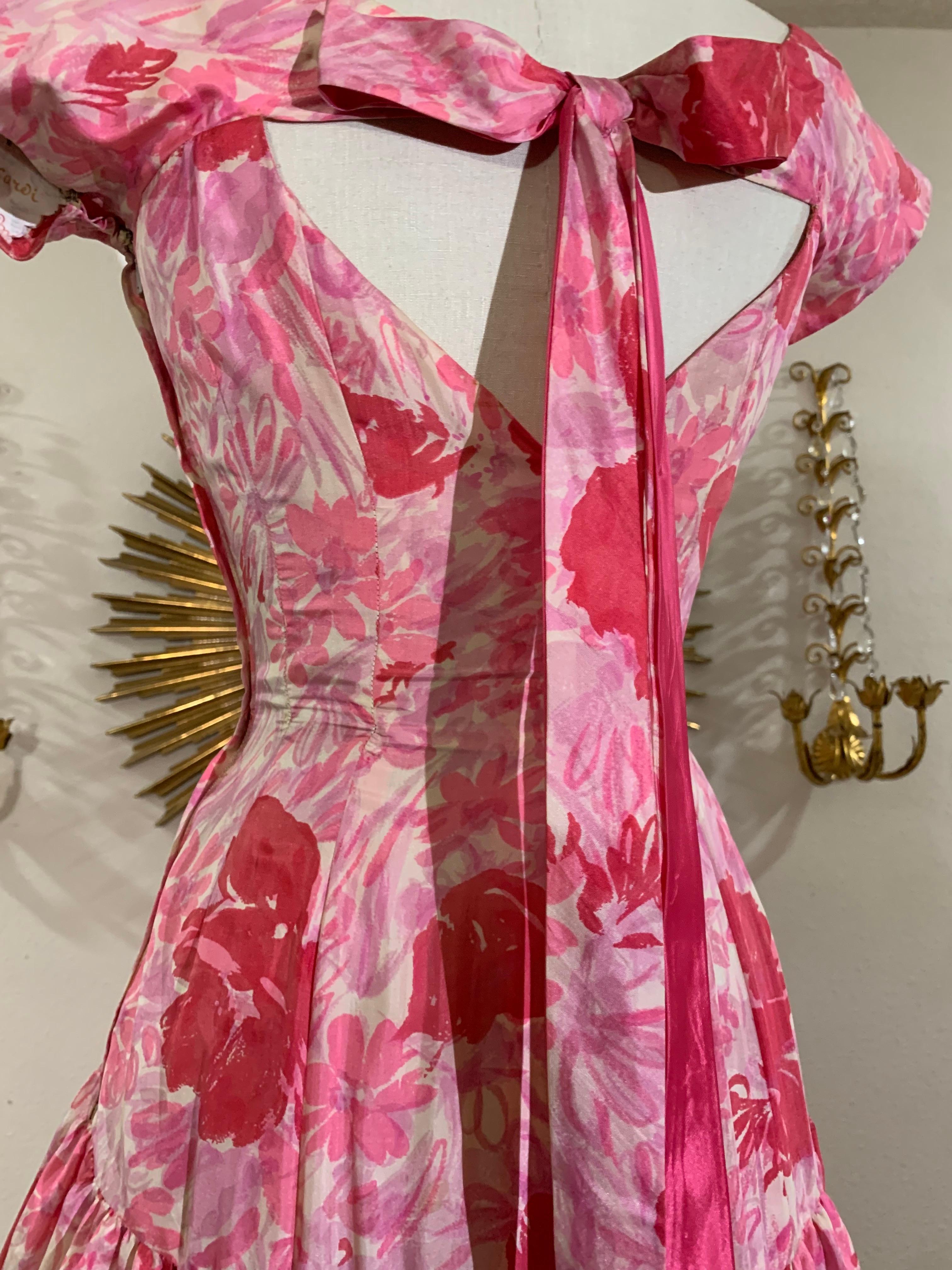 1950s Perullo Pink Silk Floral Party Dress w Fitted Hip and Flared Skirt 7