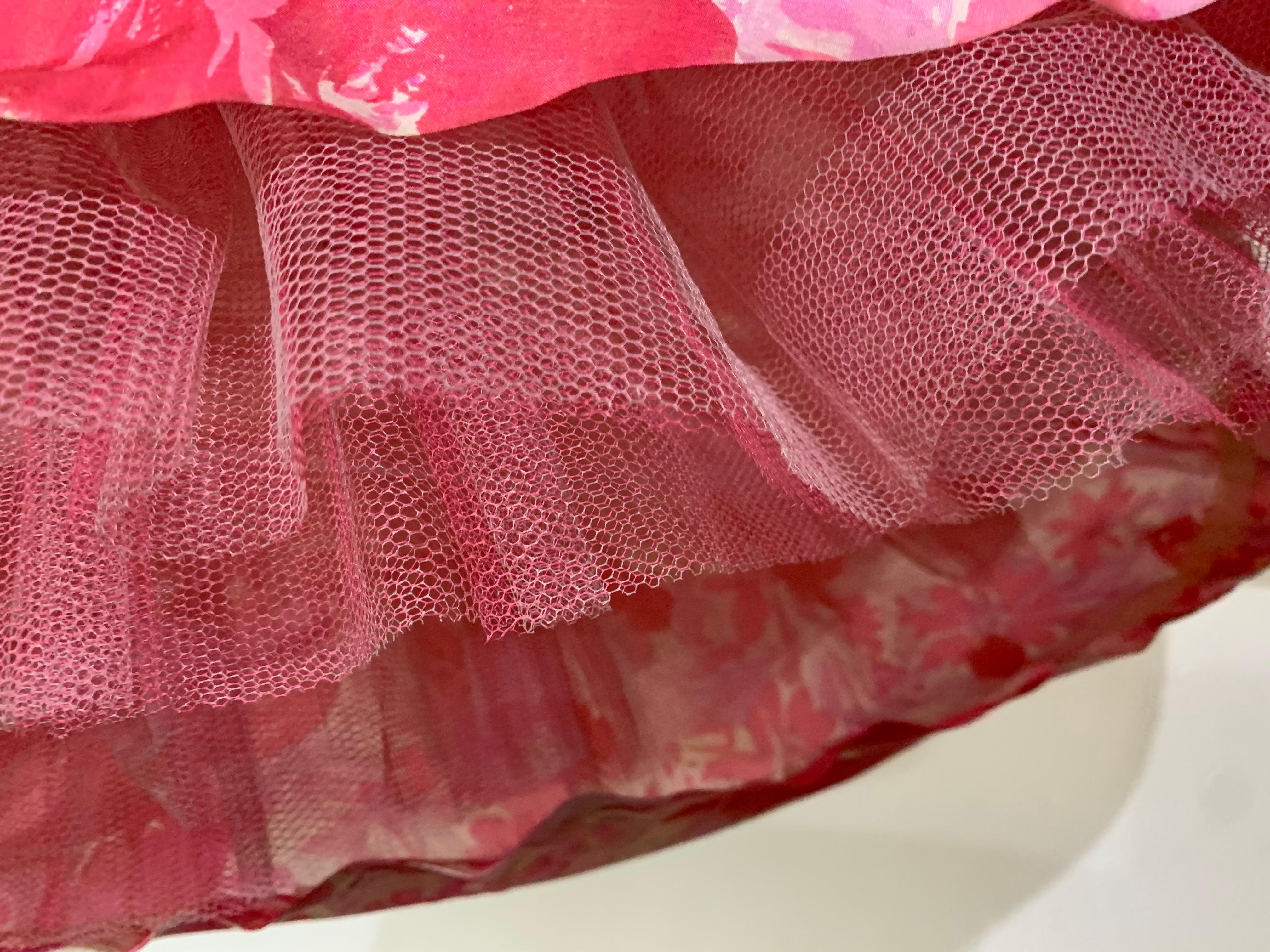 1950s Perullo Pink Silk Floral Party Dress w Fitted Hip and Flared Skirt 10