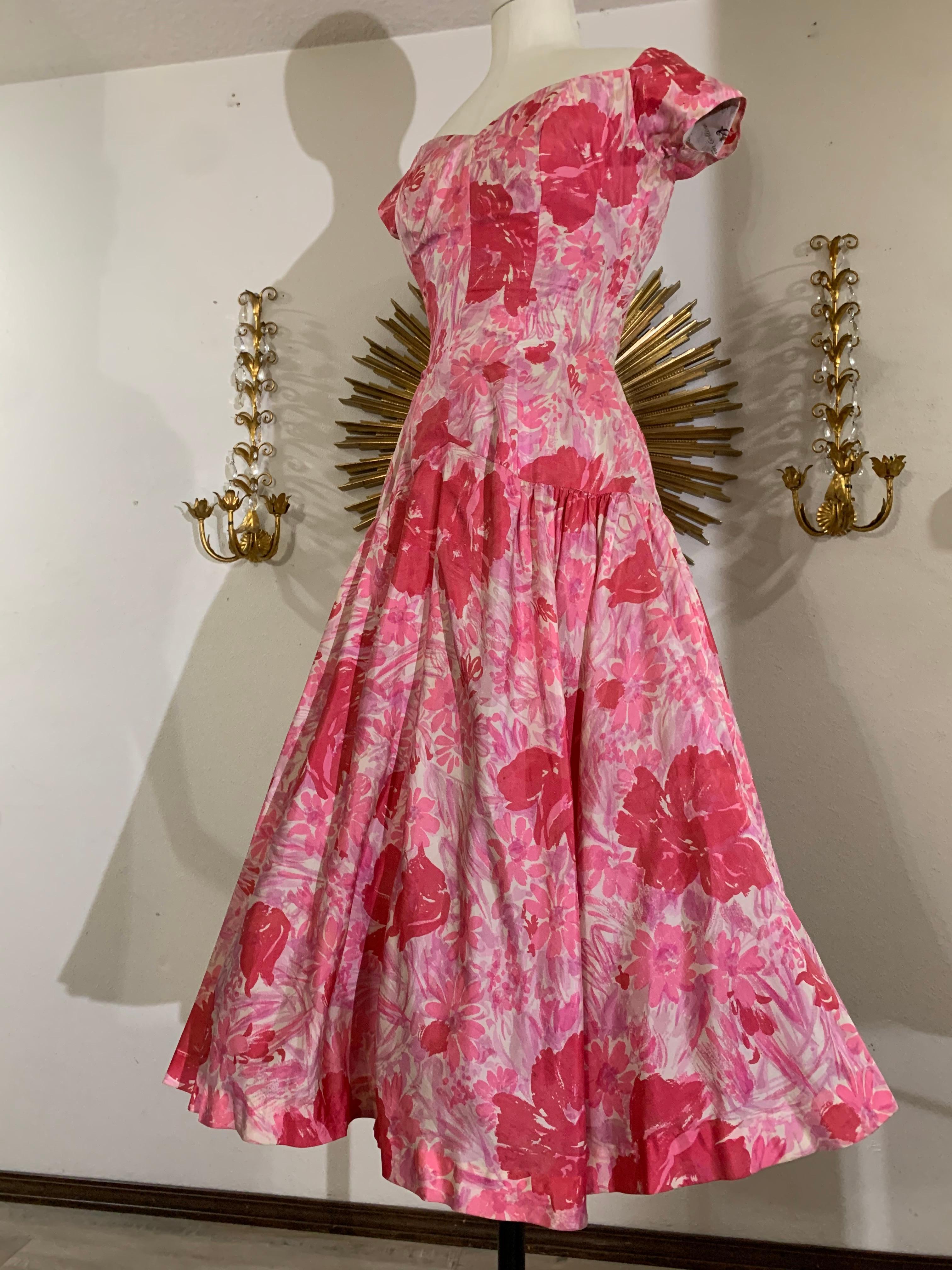 1950s Perullo Pink Silk Floral Party Dress w Fitted Hip and Flared Skirt 11