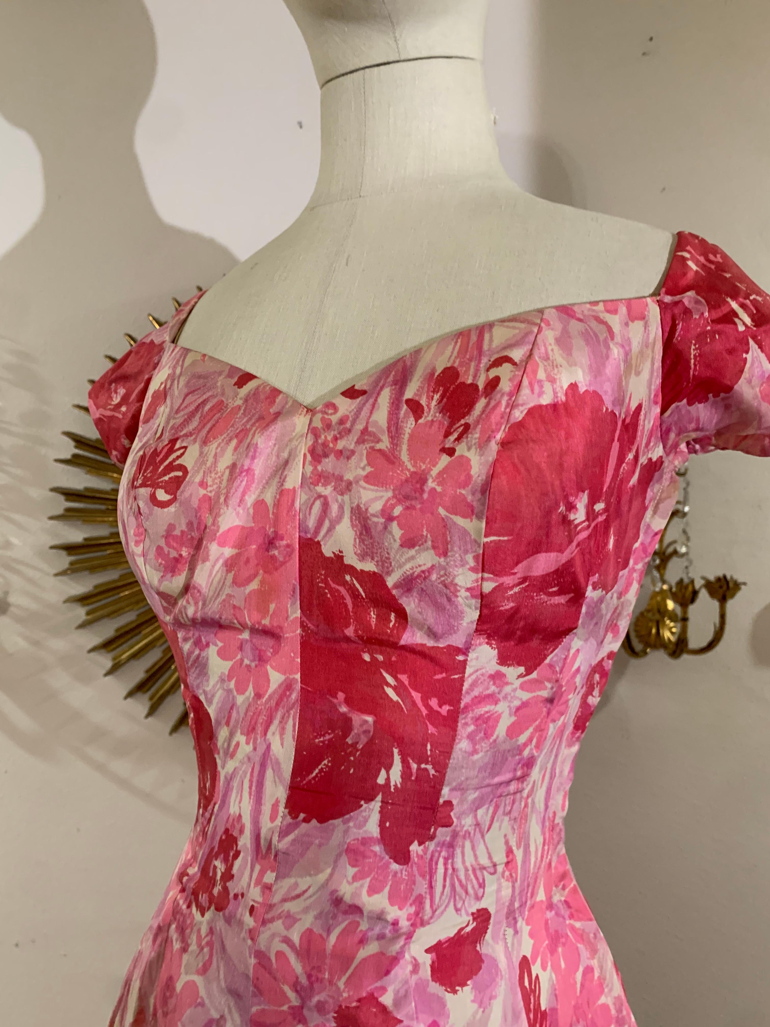 1950s Perullo Pink Silk Floral Party Dress w Fitted Hip and Flared Skirt 12