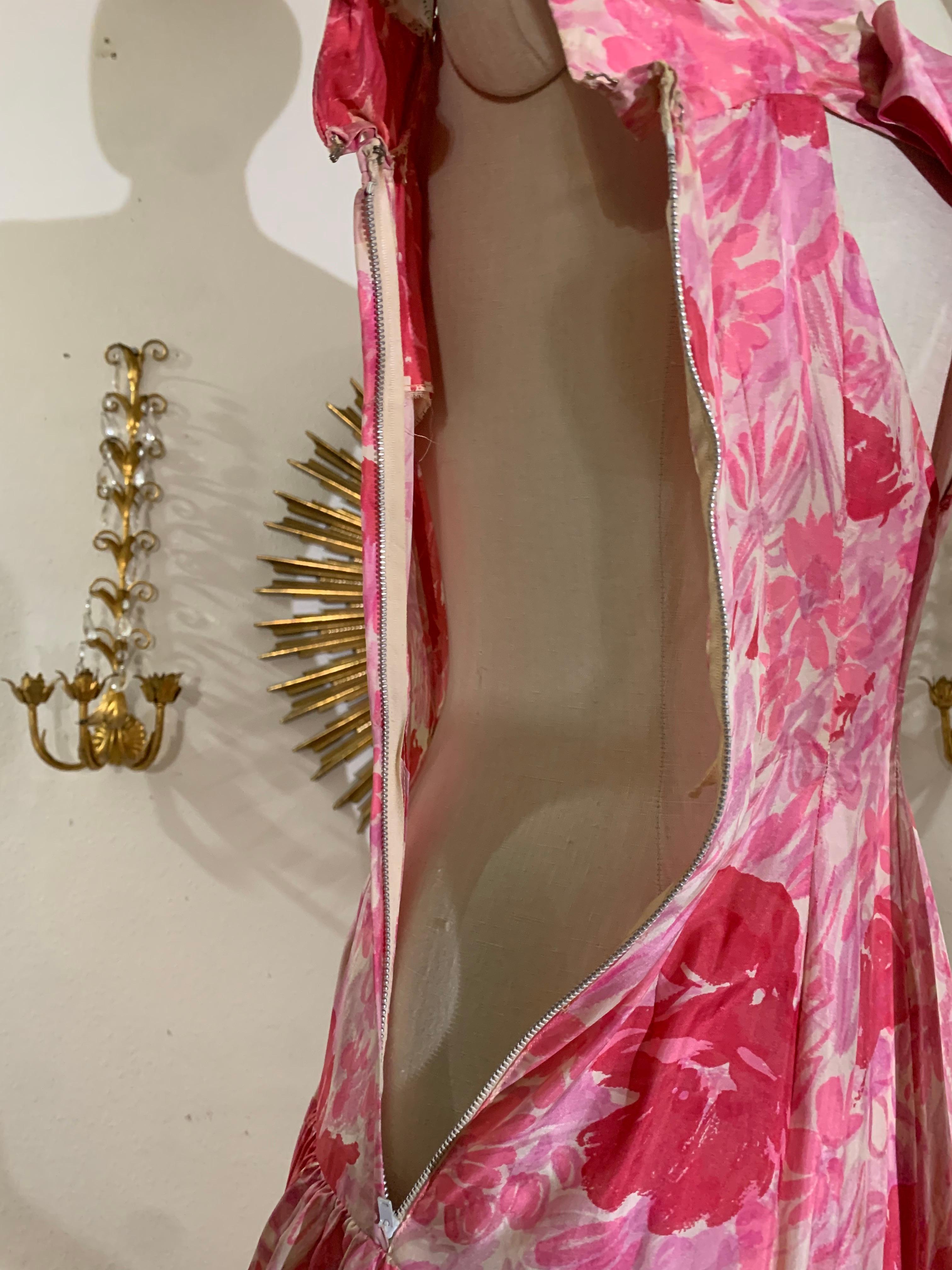 1950s Perullo Pink Silk Floral Party Dress w Fitted Hip and Flared Skirt 13