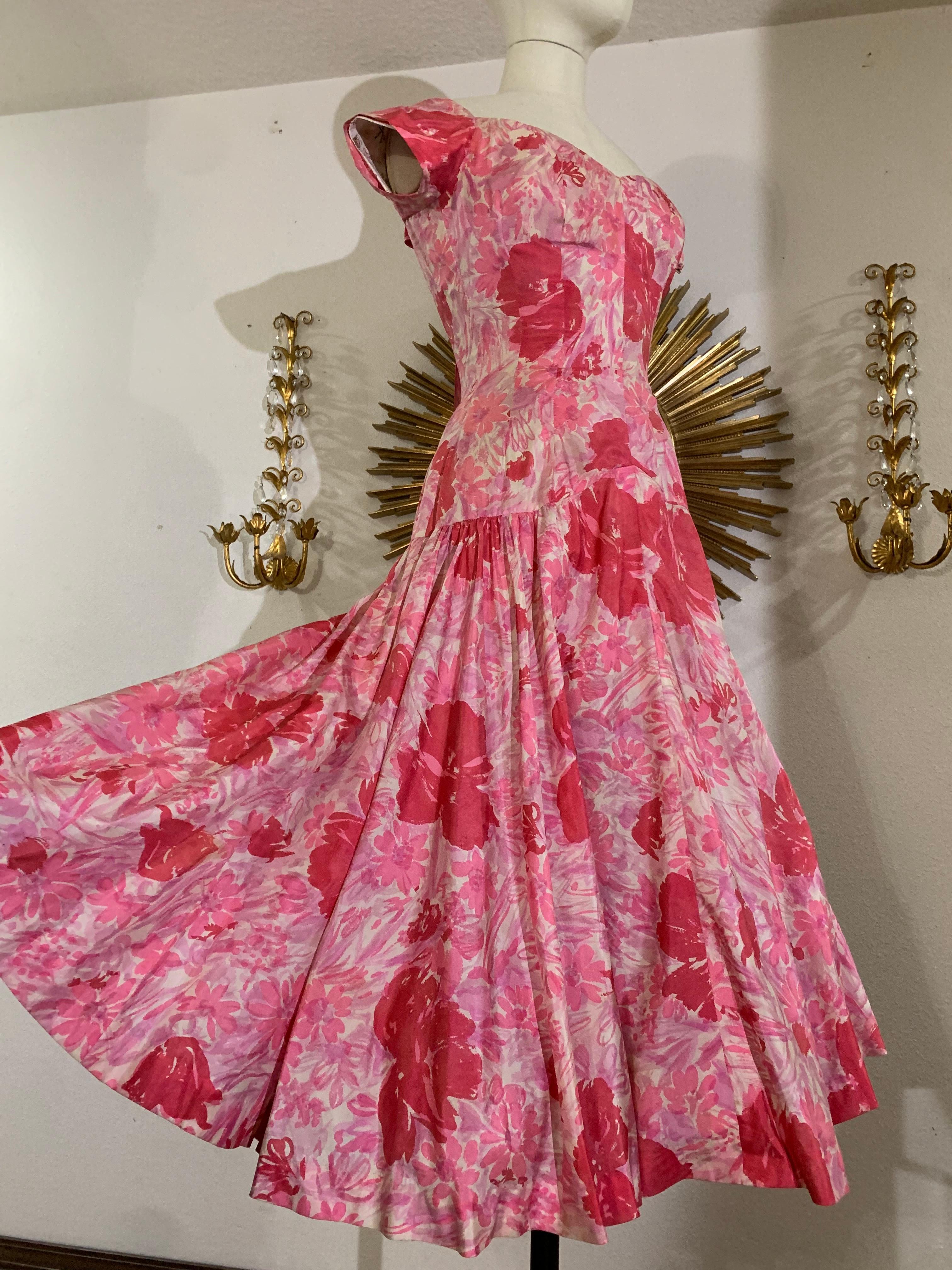 1950s Perullo Pink Silk Floral Party Dress w Fitted Hip and Flared Skirt 14