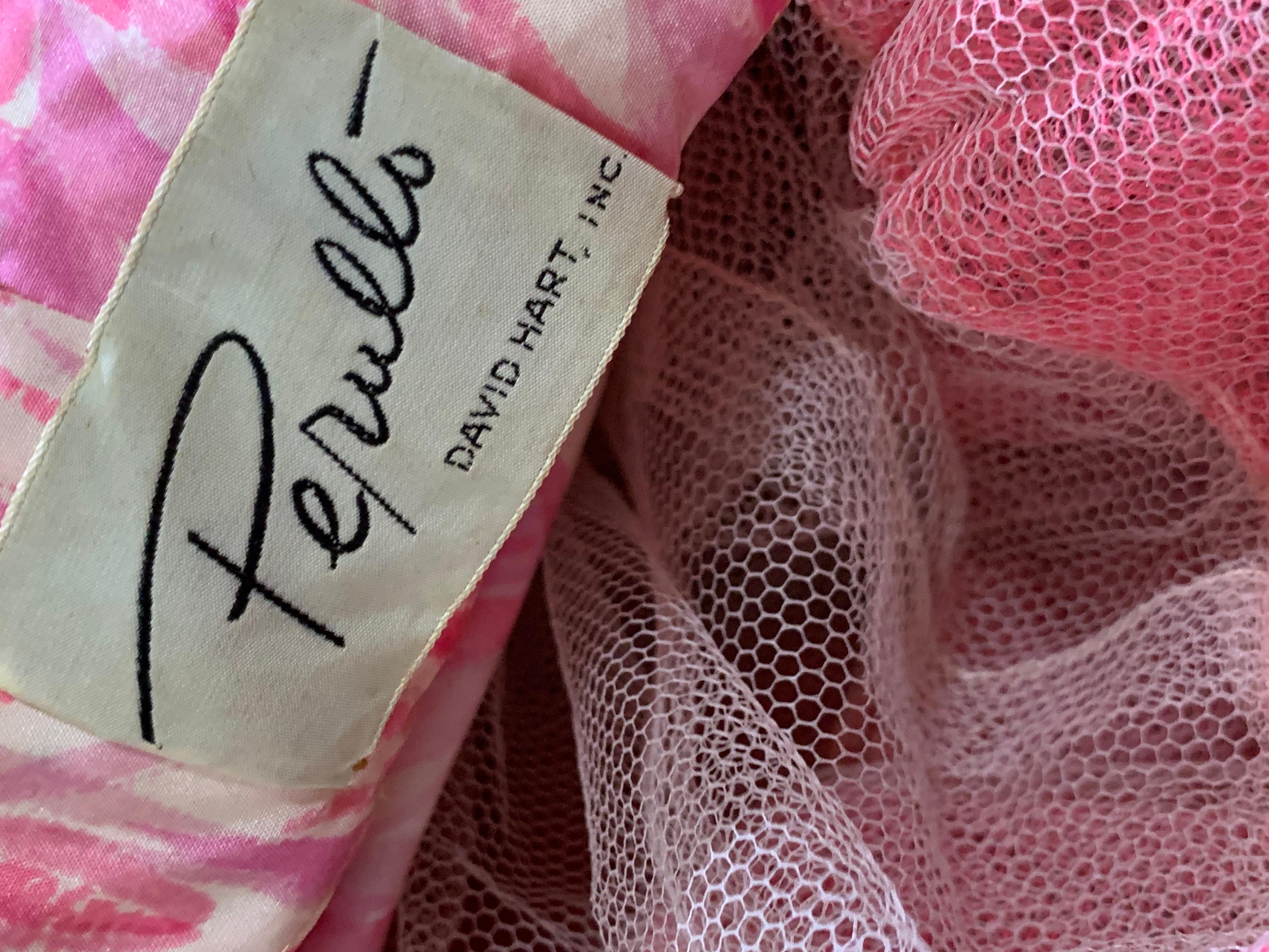 1950s Perullo Pink Silk Floral Party Dress w Fitted Hip and Flared Skirt 15