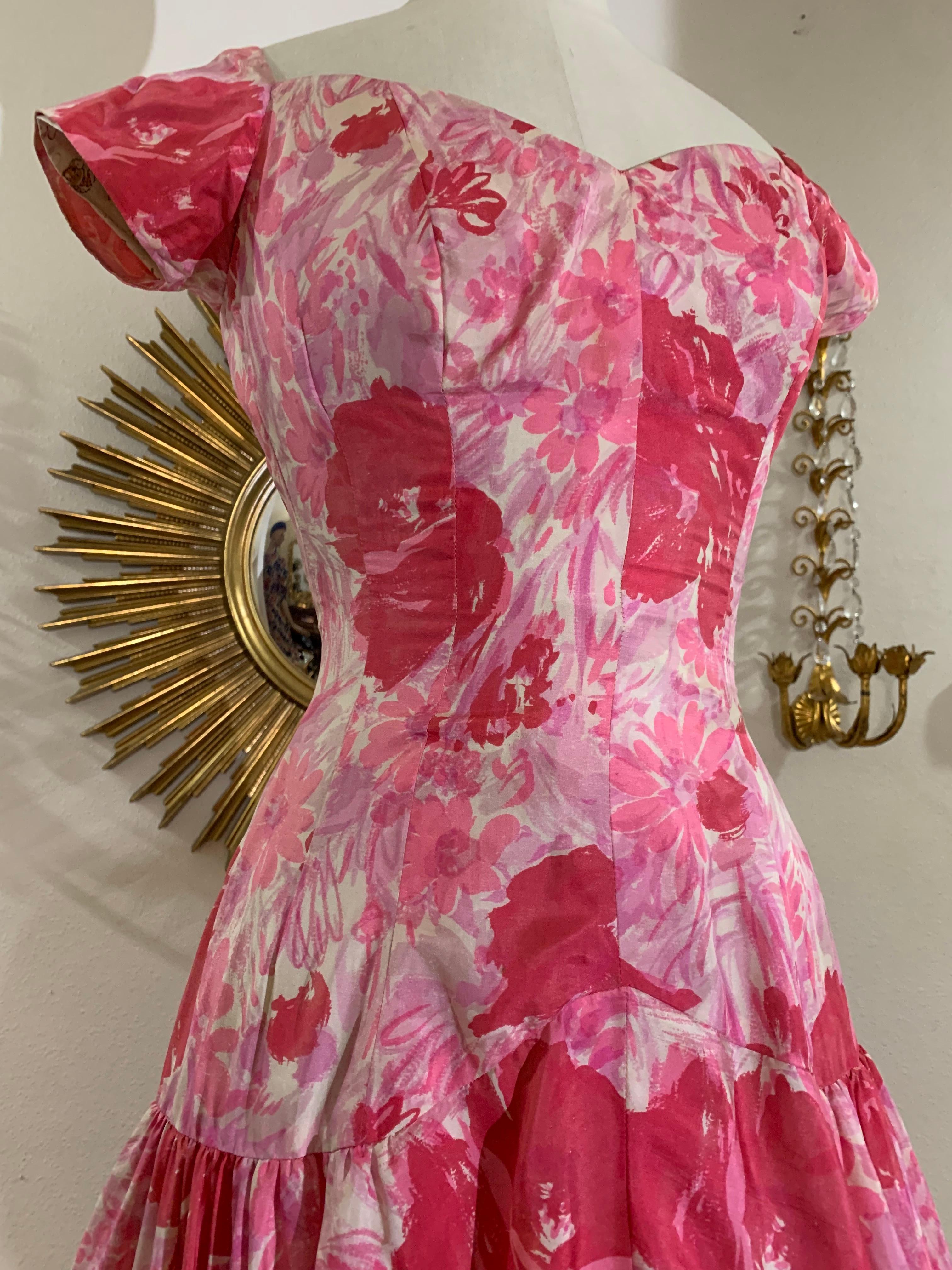 1950s Perullo Shades of Pink Silk Floral Party Dress w Fitted Hip and Flared Skirt: A sweet 