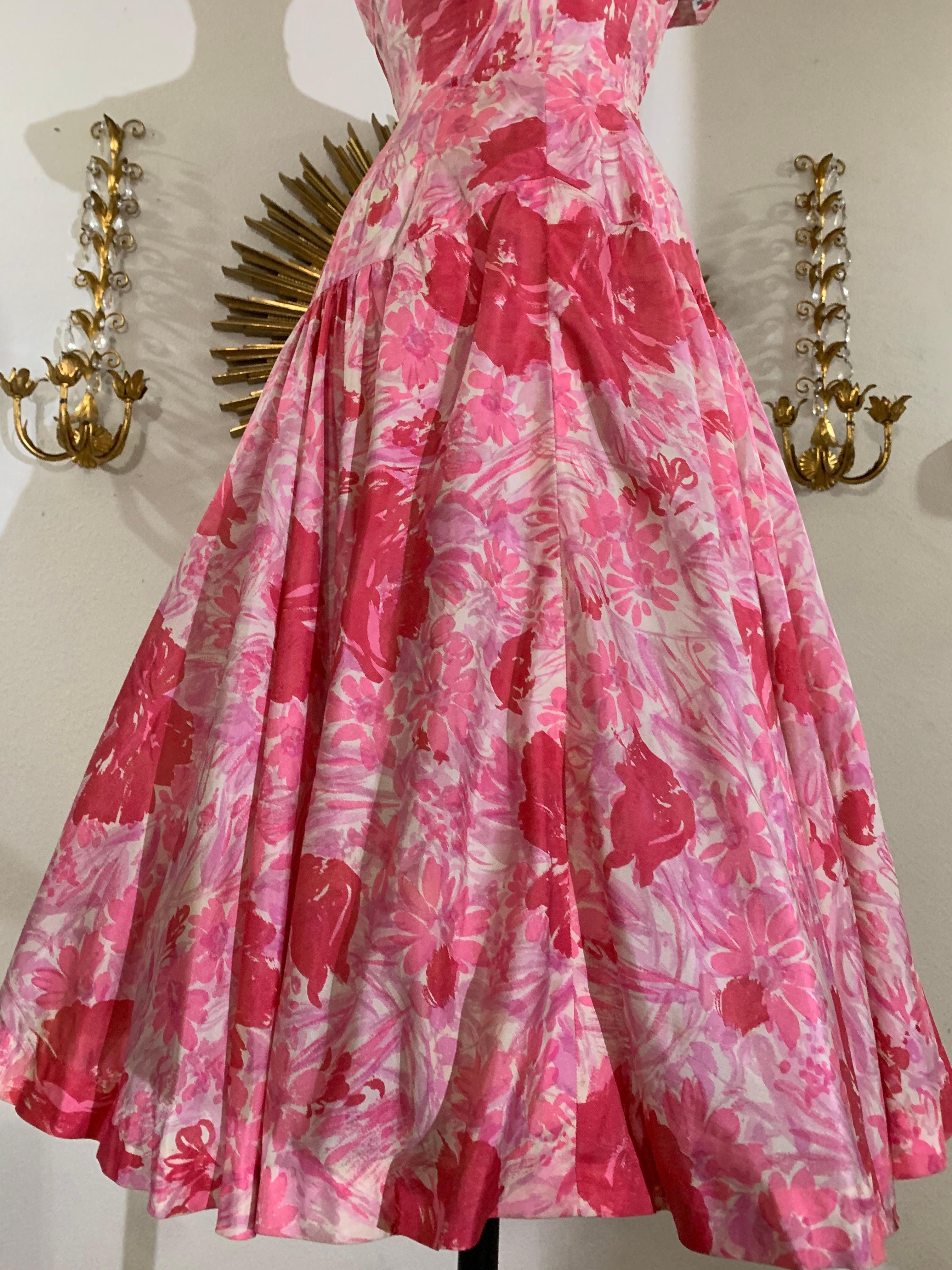 Women's 1950s Perullo Pink Silk Floral Party Dress w Fitted Hip and Flared Skirt