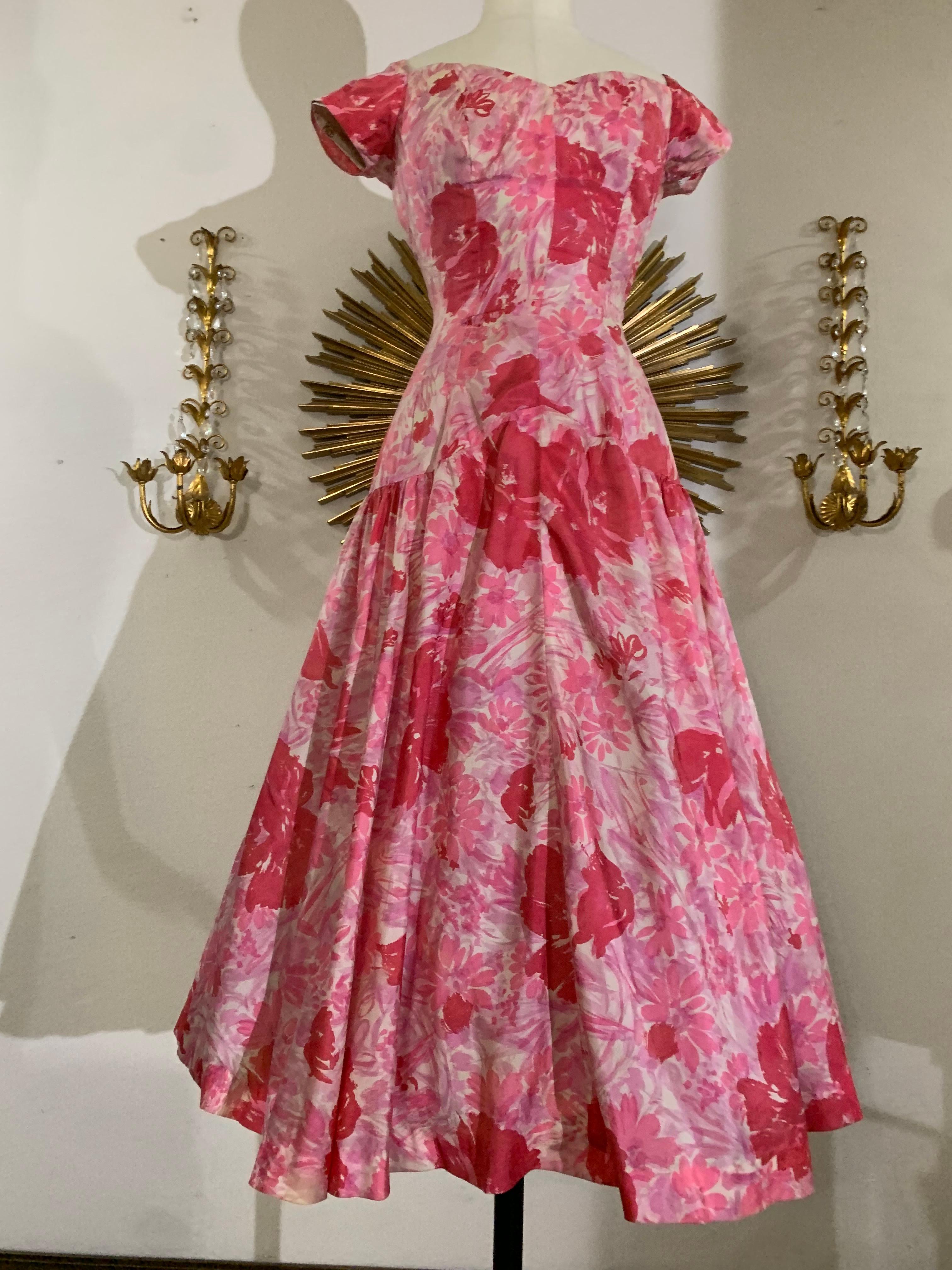 1950s Perullo Pink Silk Floral Party Dress w Fitted Hip and Flared Skirt 1
