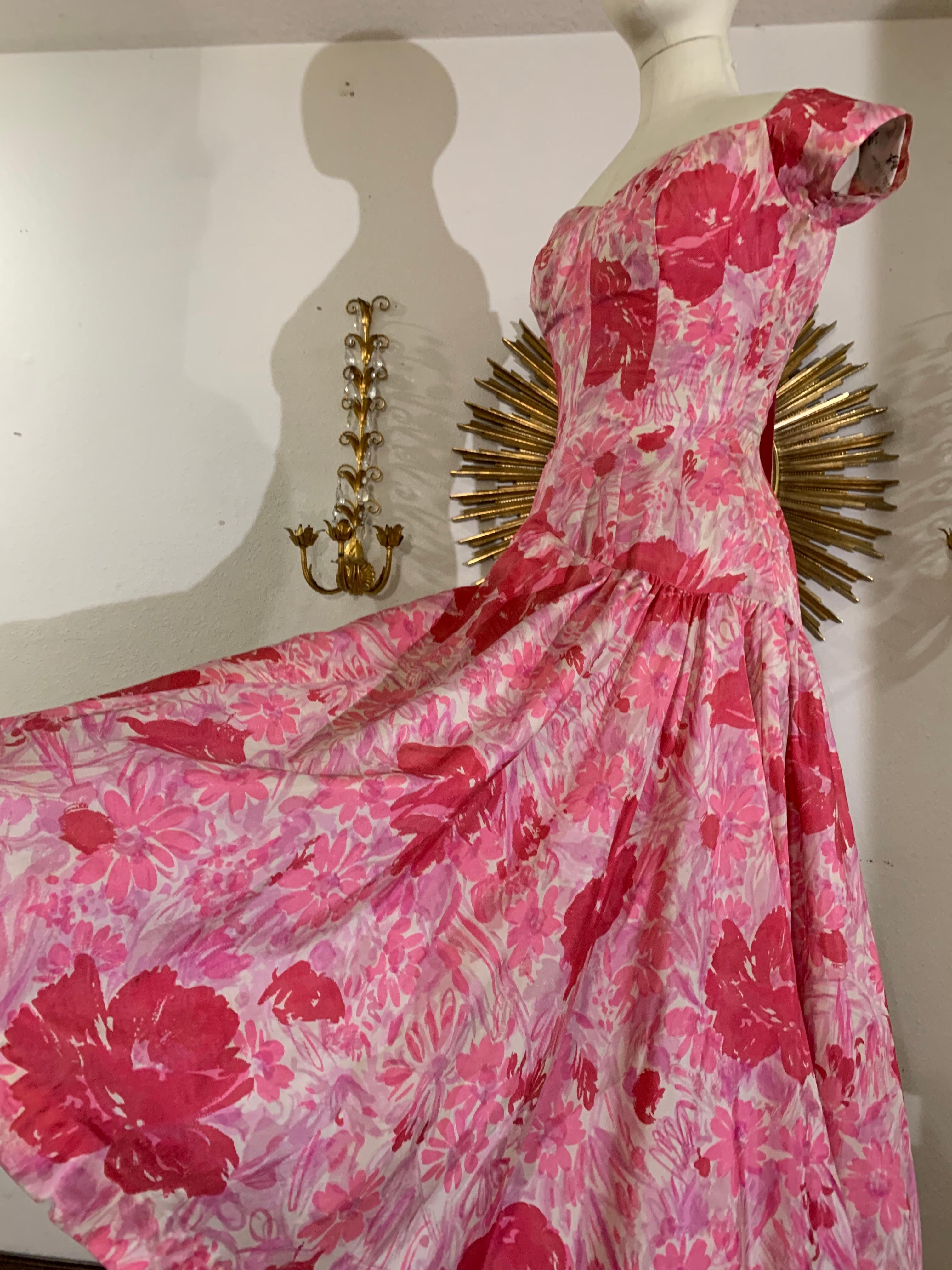 1950s Perullo Pink Silk Floral Party Dress w Fitted Hip and Flared Skirt 2