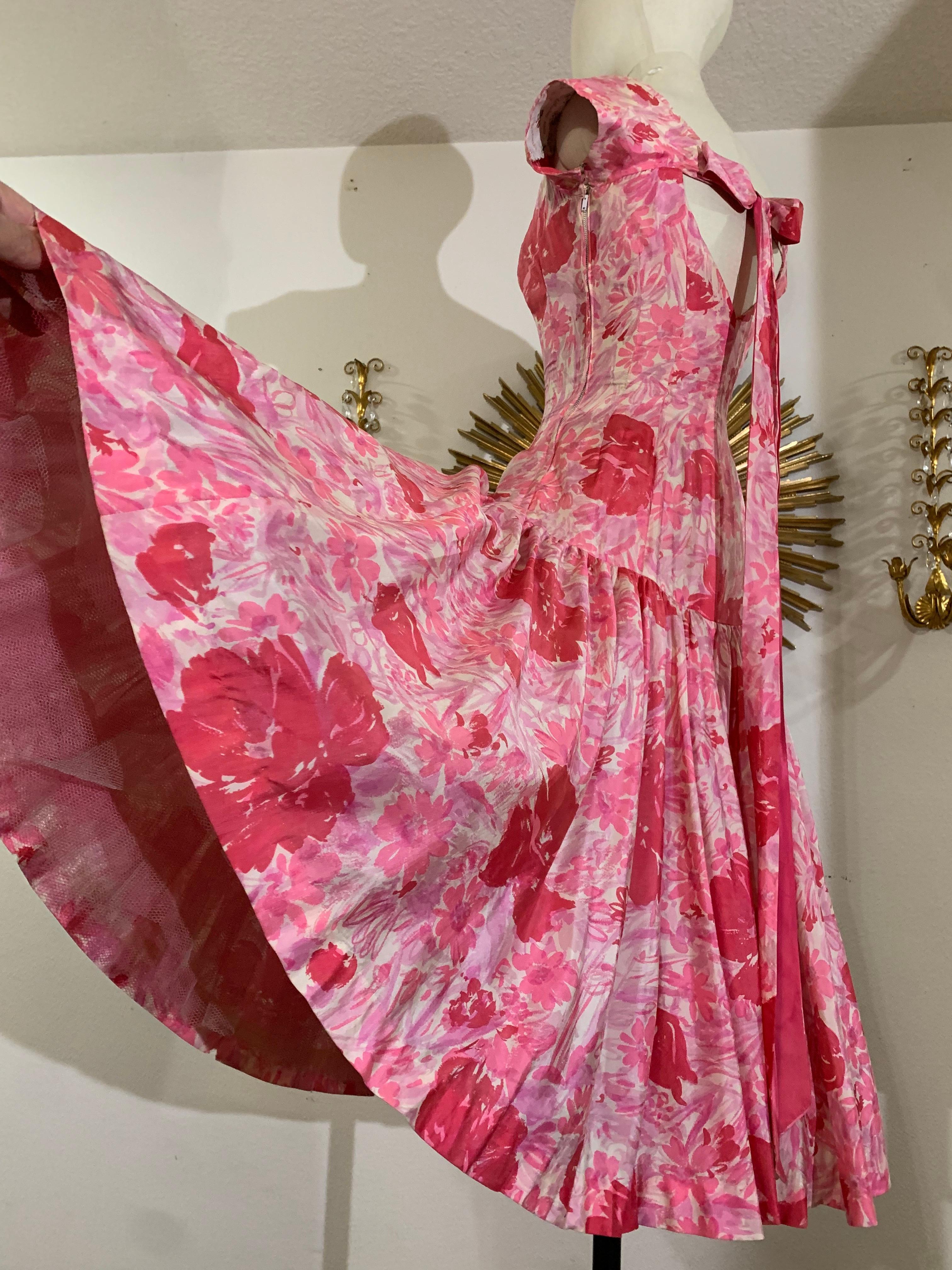 1950s Perullo Pink Silk Floral Party Dress w Fitted Hip and Flared Skirt 3