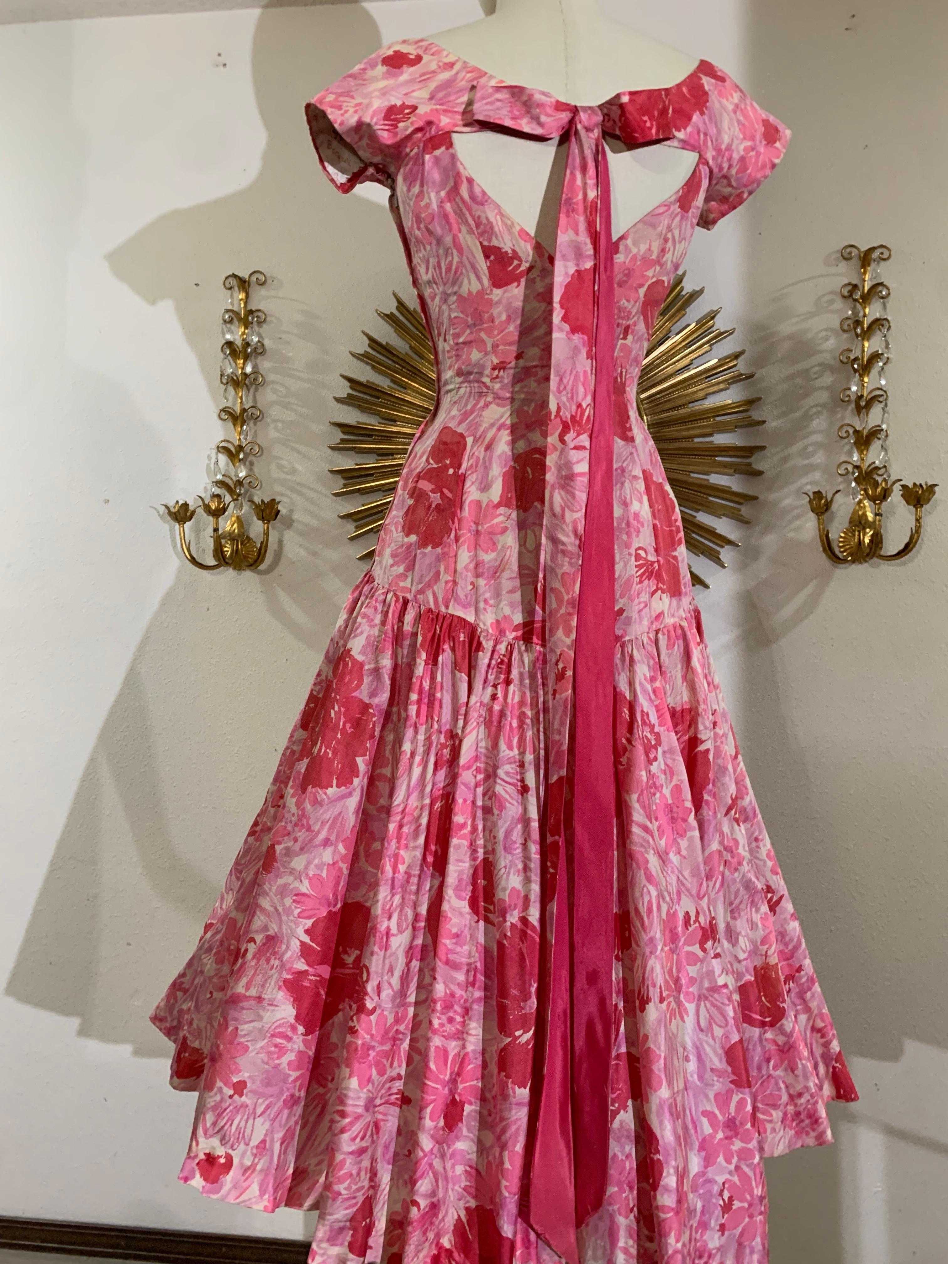 1950s Perullo Pink Silk Floral Party Dress w Fitted Hip and Flared Skirt 5