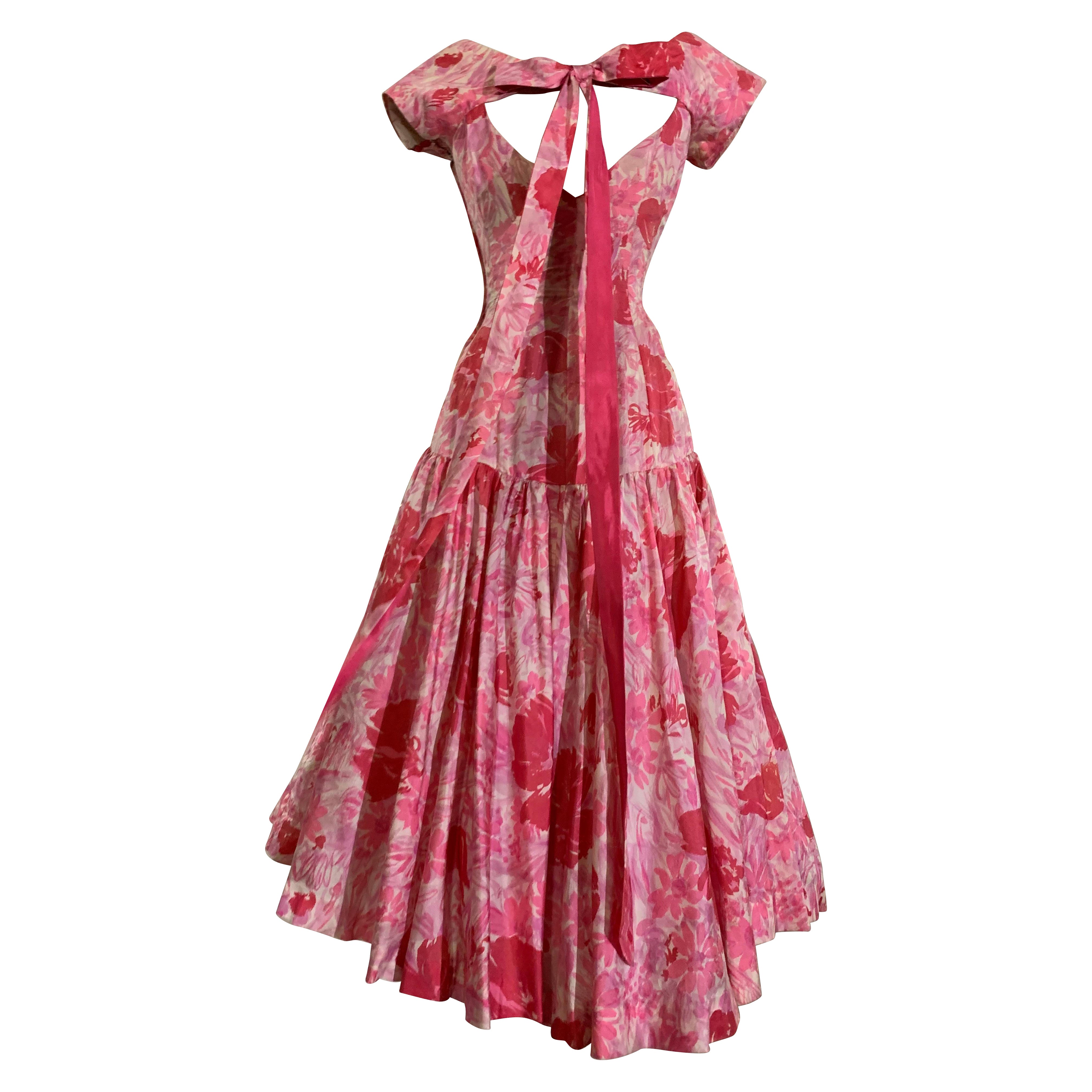 1950s Perullo Pink Silk Floral Party Dress w Fitted Hip and Flared Skirt