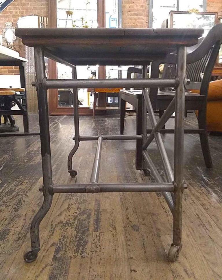 1950s Petite Oak Top Industrial Rolling Table with Steel Tube Frame and