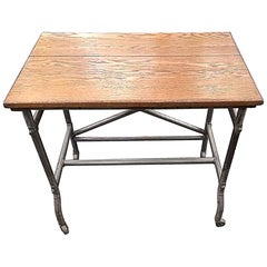 1950s Petite Oak Top Industrial Rolling Table with Steel Tube Frame and Wheels