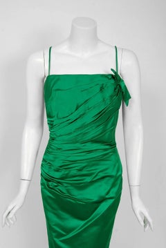 Vintage 1950's Philip Hulitar Emerald Green Satin Ruched Hourglass Dress Gown