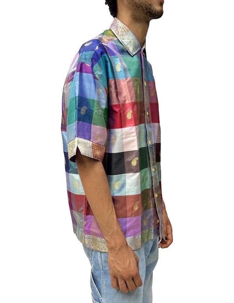 1950S PICASSO Multicolor Gold Lamé Men's Shirt Made From Sari Silk In Excellent Condition For Sale In New York, NY