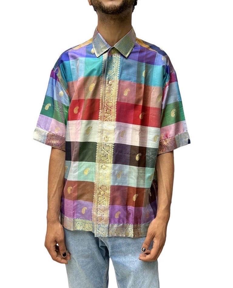 1950S PICASSO Multicolor Gold Lamé Men's Shirt Made From Sari Silk For Sale 2