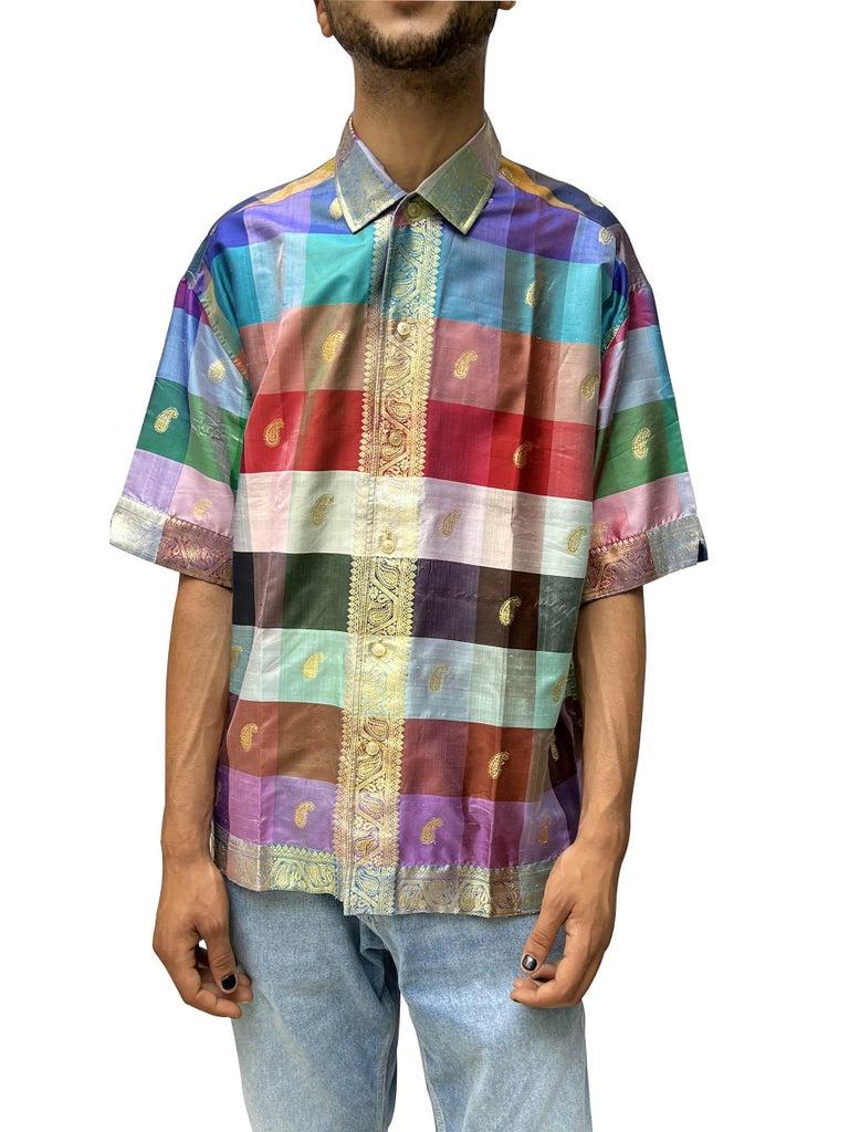 1950S PICASSO Multicolor Gold Lamé Men's Shirt Made From Sari Silk For Sale 3