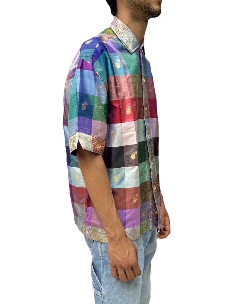 1950S PICASSO Multicolor Gold Lamé Men's Shirt Made From Sari Silk For Sale 4