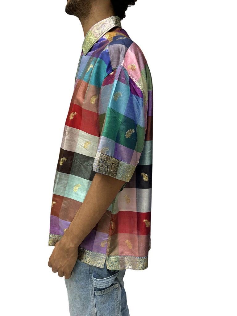 1950S PICASSO Multicolor Gold Lamé Men's Shirt Made From Sari Silk For Sale 6