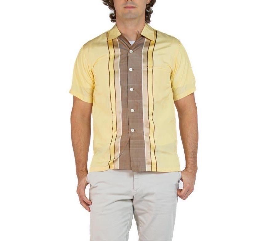 1950S PICASSO Yellow & Brown Silk Rare Men's Shirt Deadstock For Sale 5