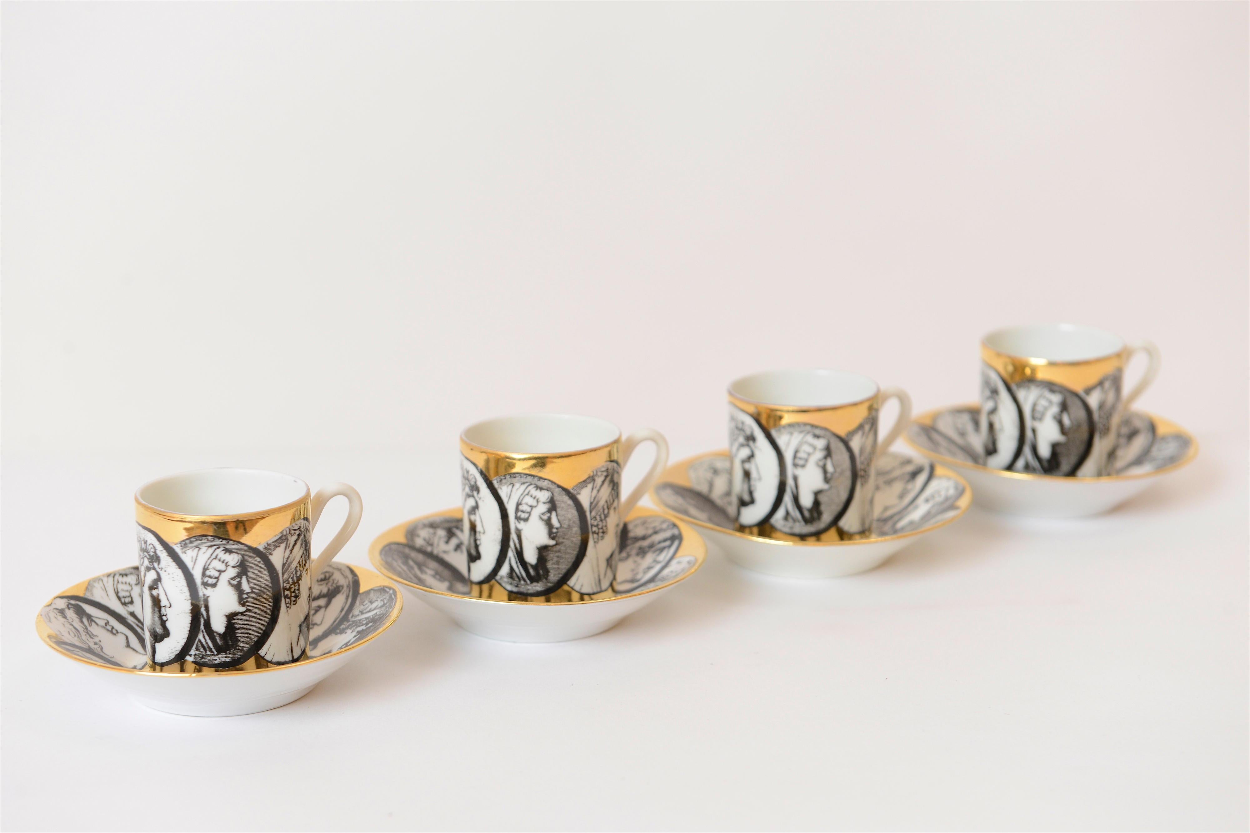 European 1950s Piero Fornasetti ‘Cammei’ Espresso Cups and Saucers, Italy